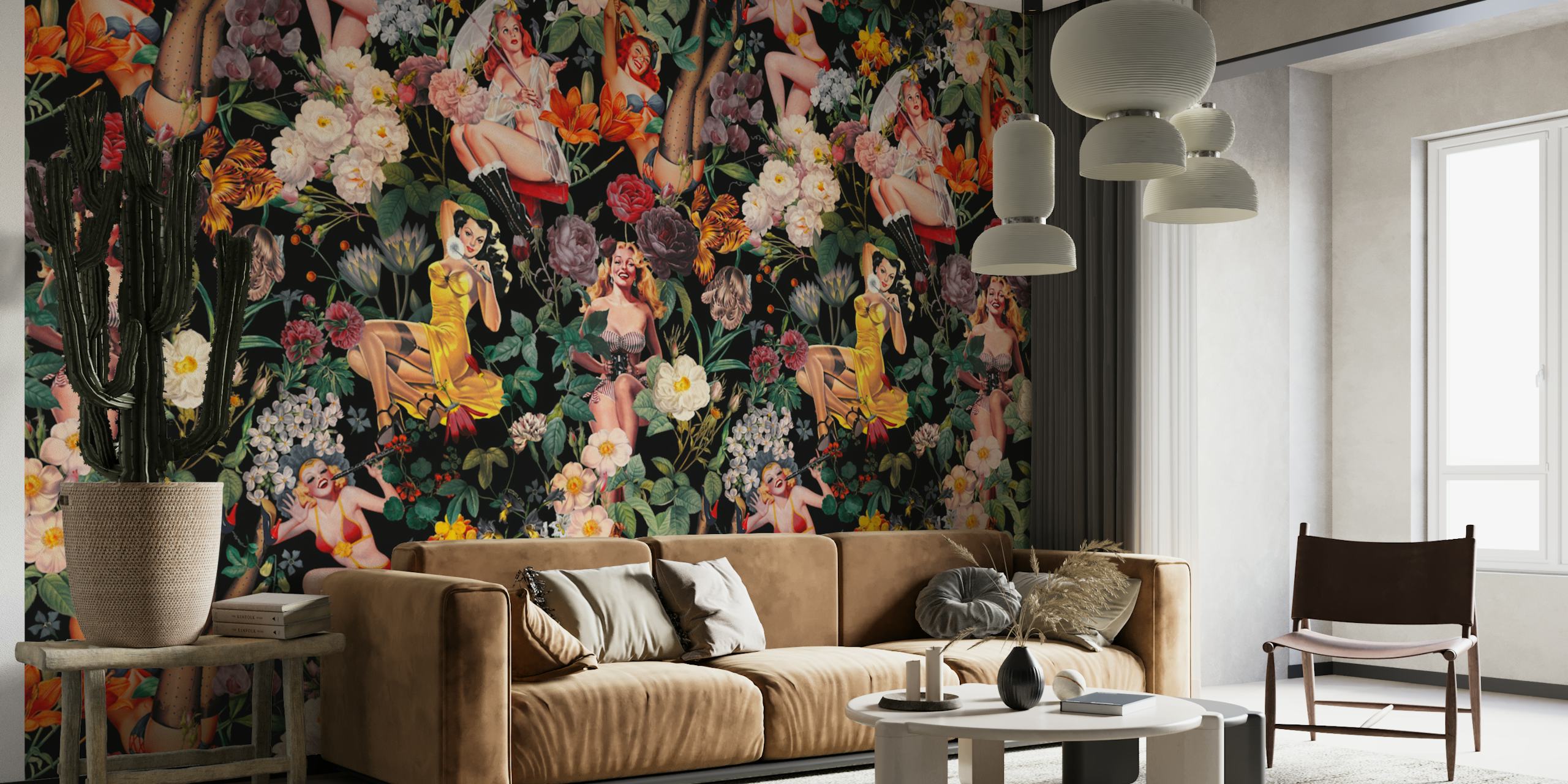 Vintage bloemen en pin-up meisjes op zwart behang wallpaper