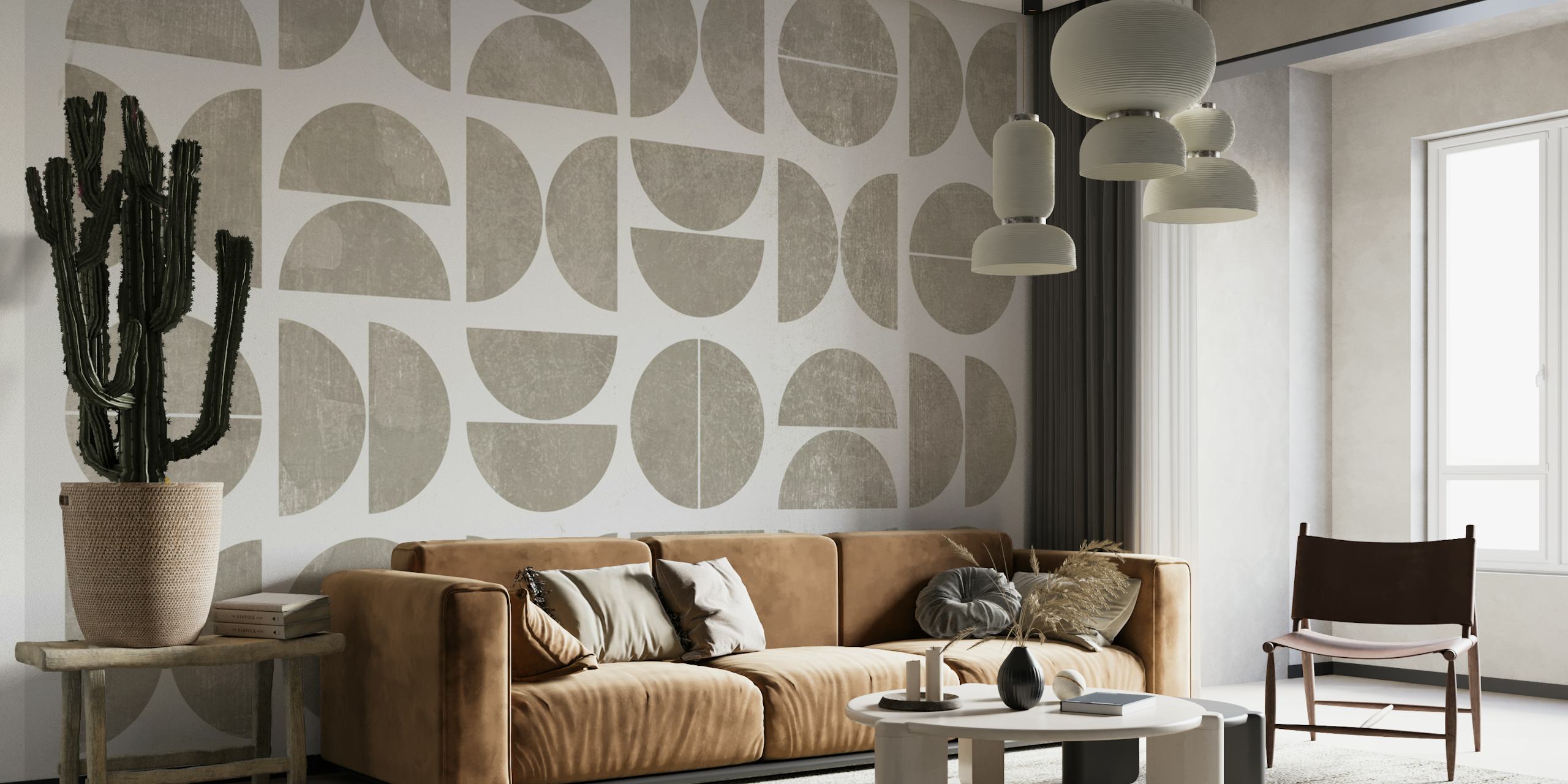 Geometric tan wallpaper with circular patterns on a light background
