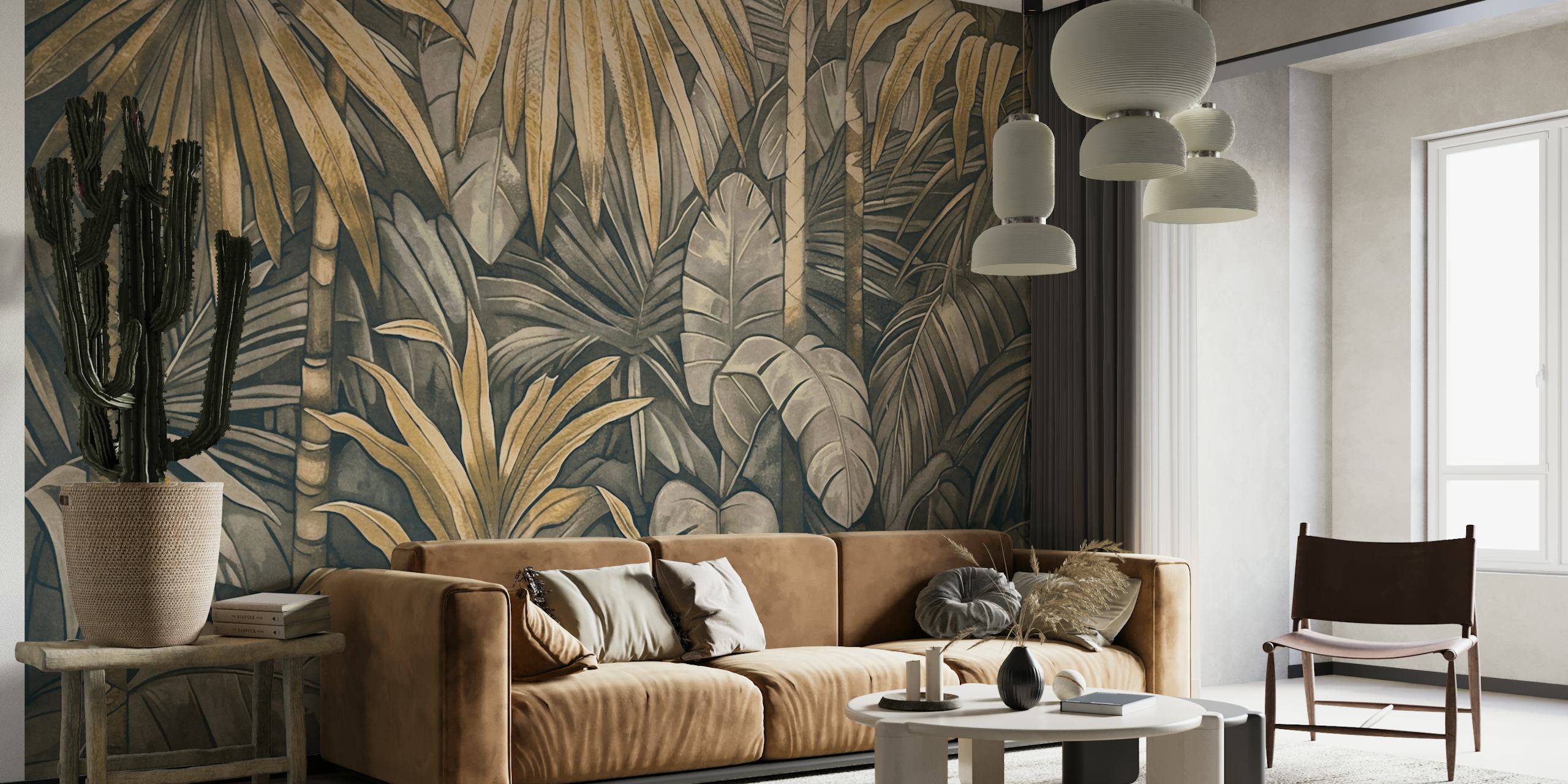 Fototapeta Mystic Jungle Tropical Escape z brązowymi i szarymi tropikalnymi liśćmi