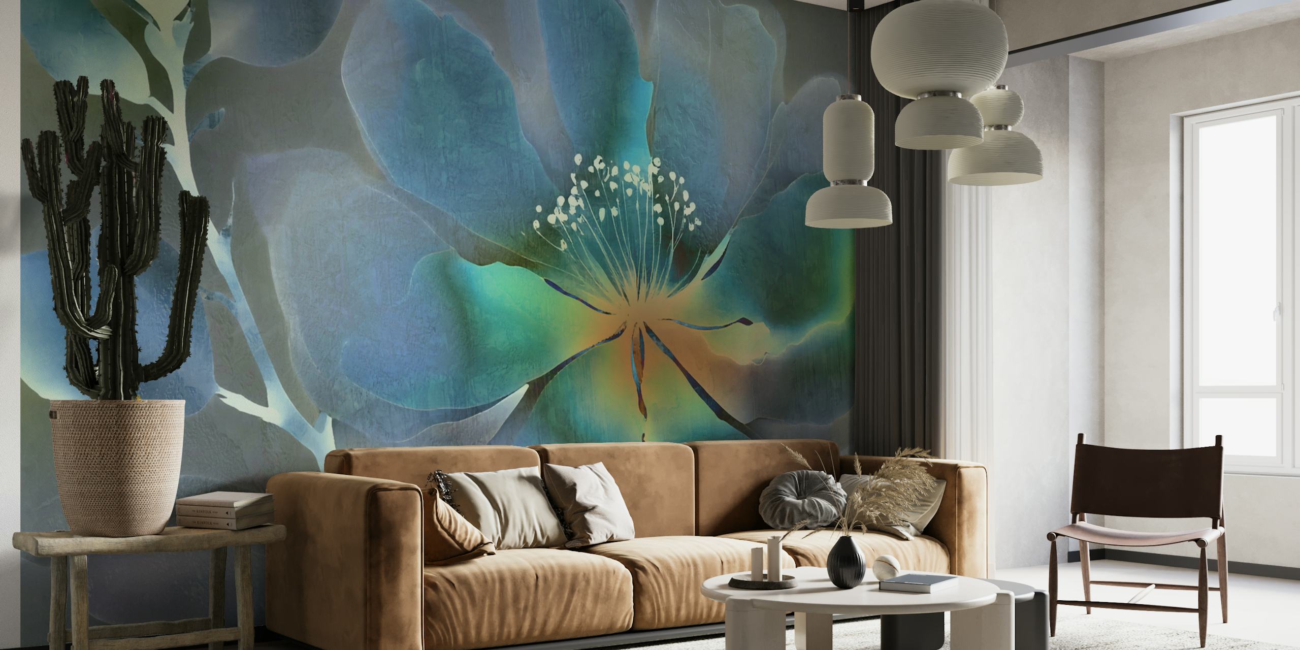 Op Azië geïnspireerde wabi-sabi bloemenmuurschildering met elegante bloemen met een rustige en natuurlijke uitstraling