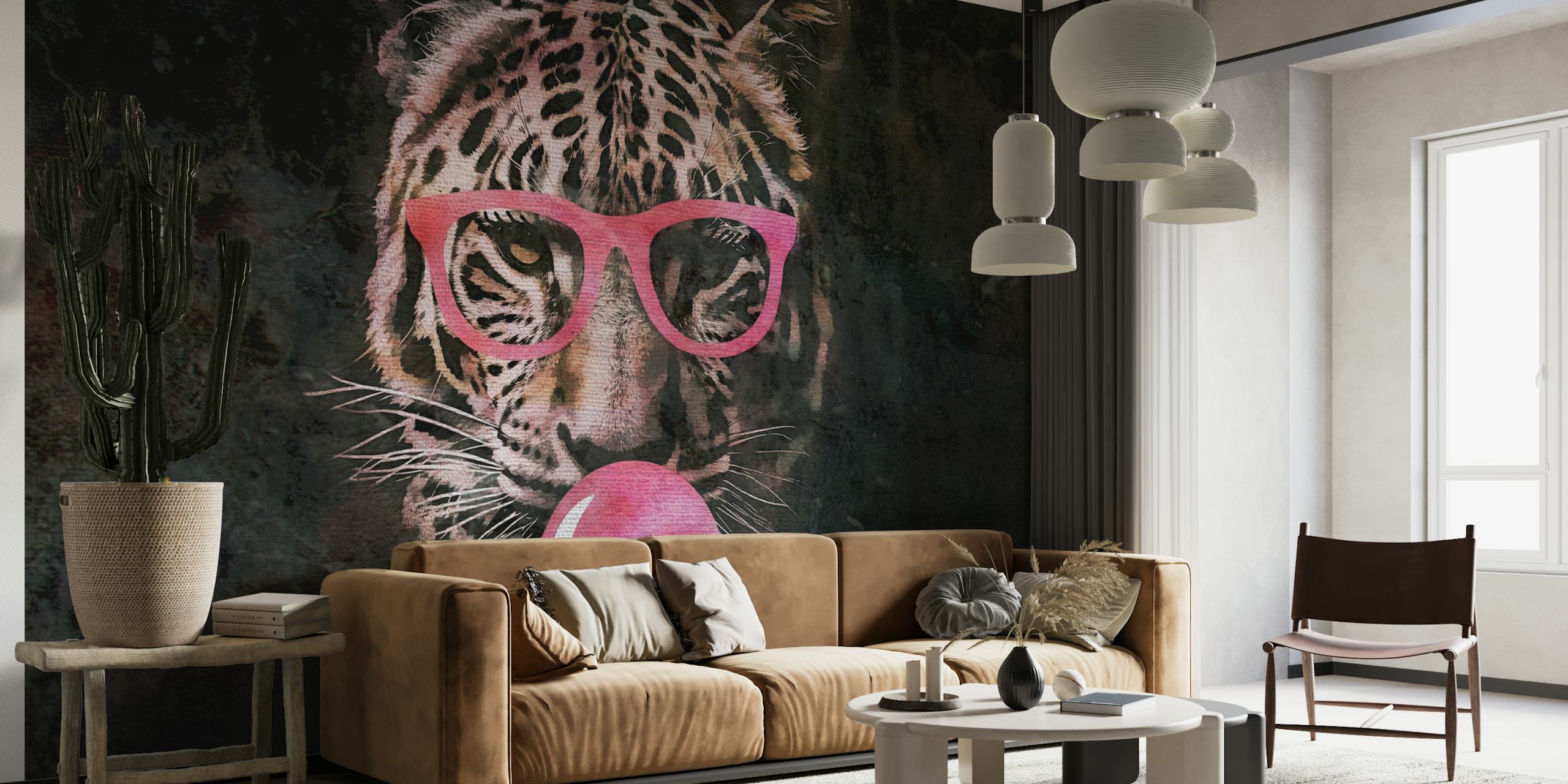 Tiger with pink glasses blowing bubblegum on dark background wallpaper