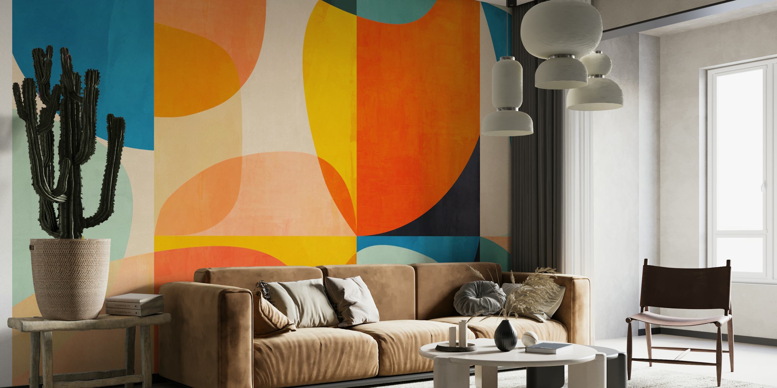 Colorful abstract geometric shapes in orange, teal, and soft pastels wallpaper