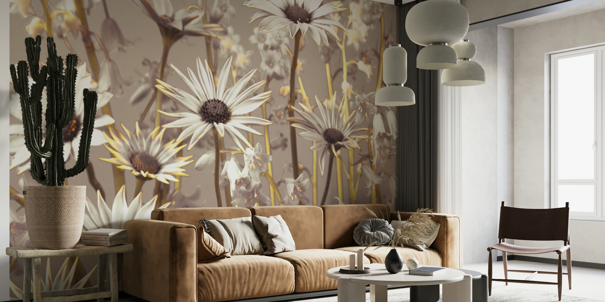 White flowers with grey background floral wallpaper