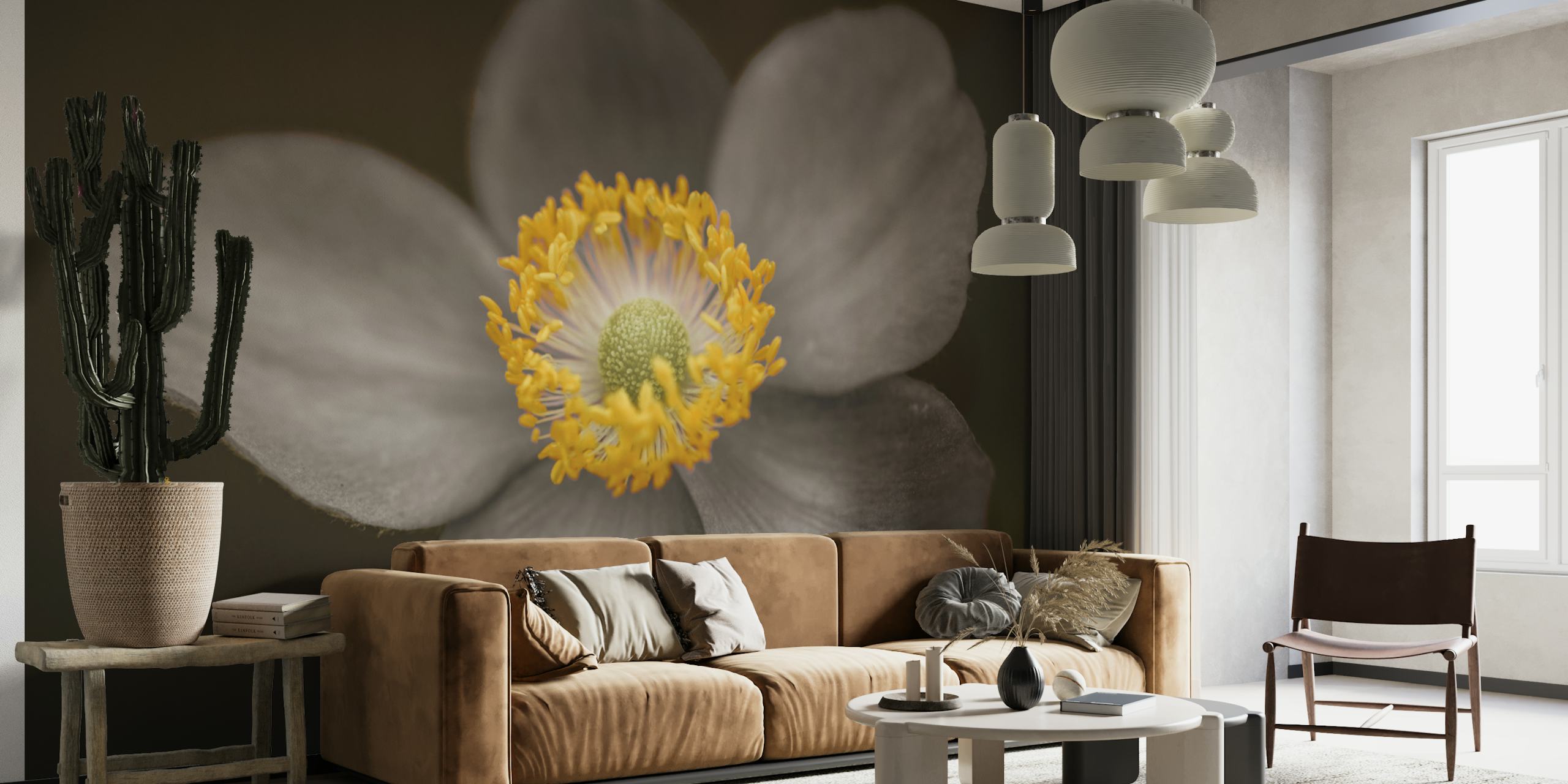 Gray floral wallpaper featuring an anemone flower with yellow and green details