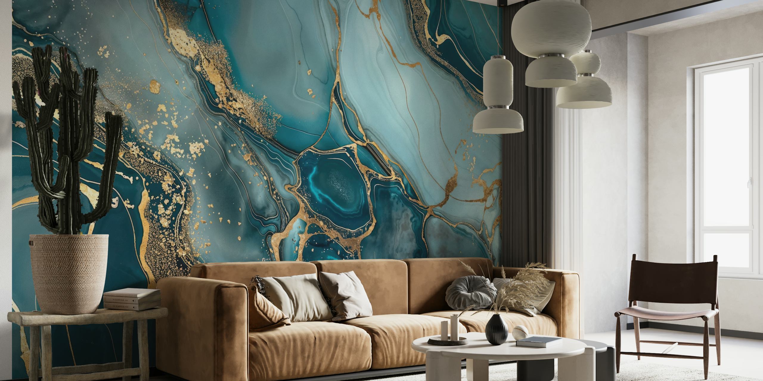 Teal and gold marble effect wallpaper with fluid patterns