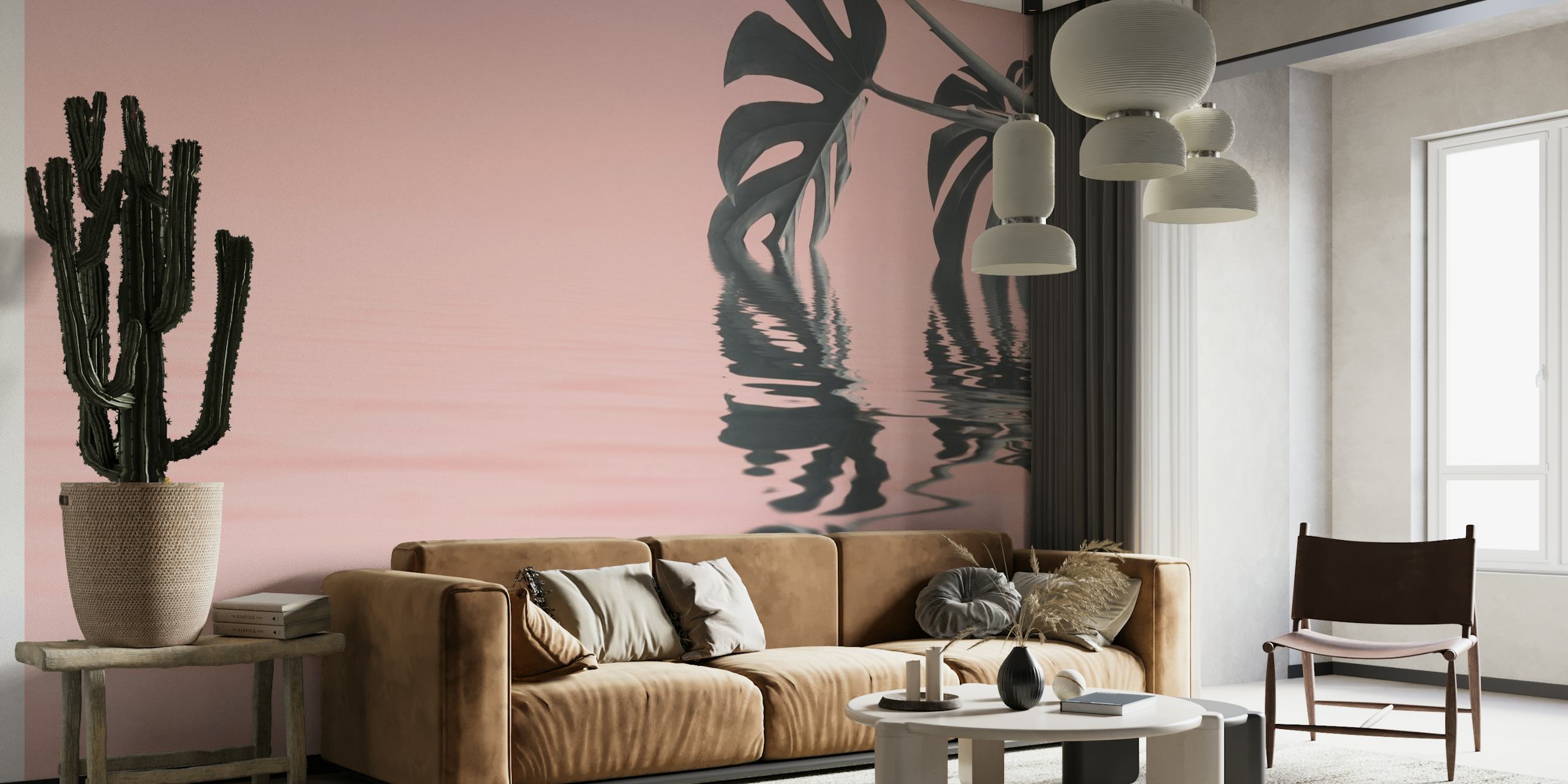 Roze Monstera-bladeren reflecteren op de muurschildering op het wateroppervlak