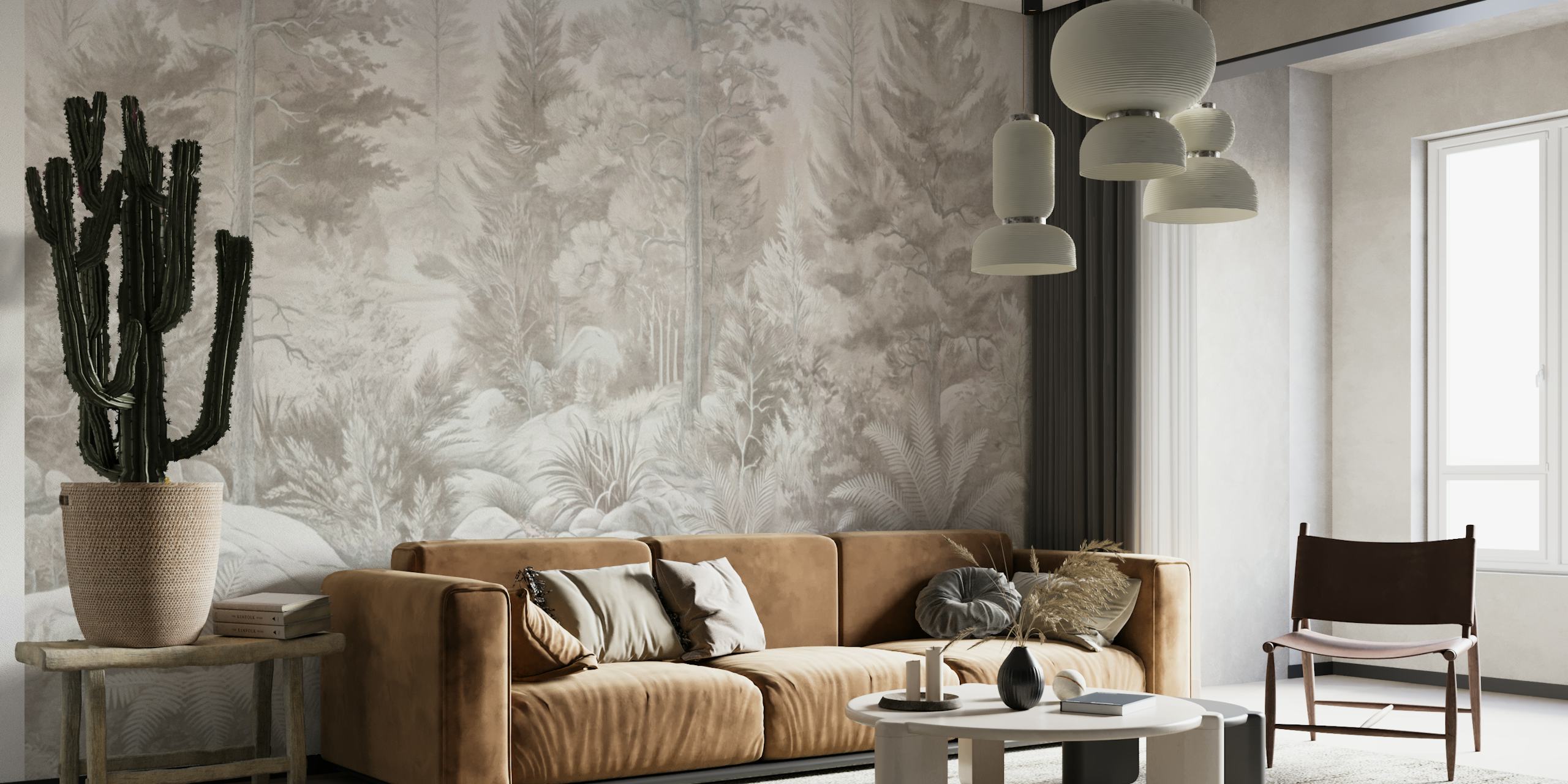 Pastel pine forest wallpaper in a room