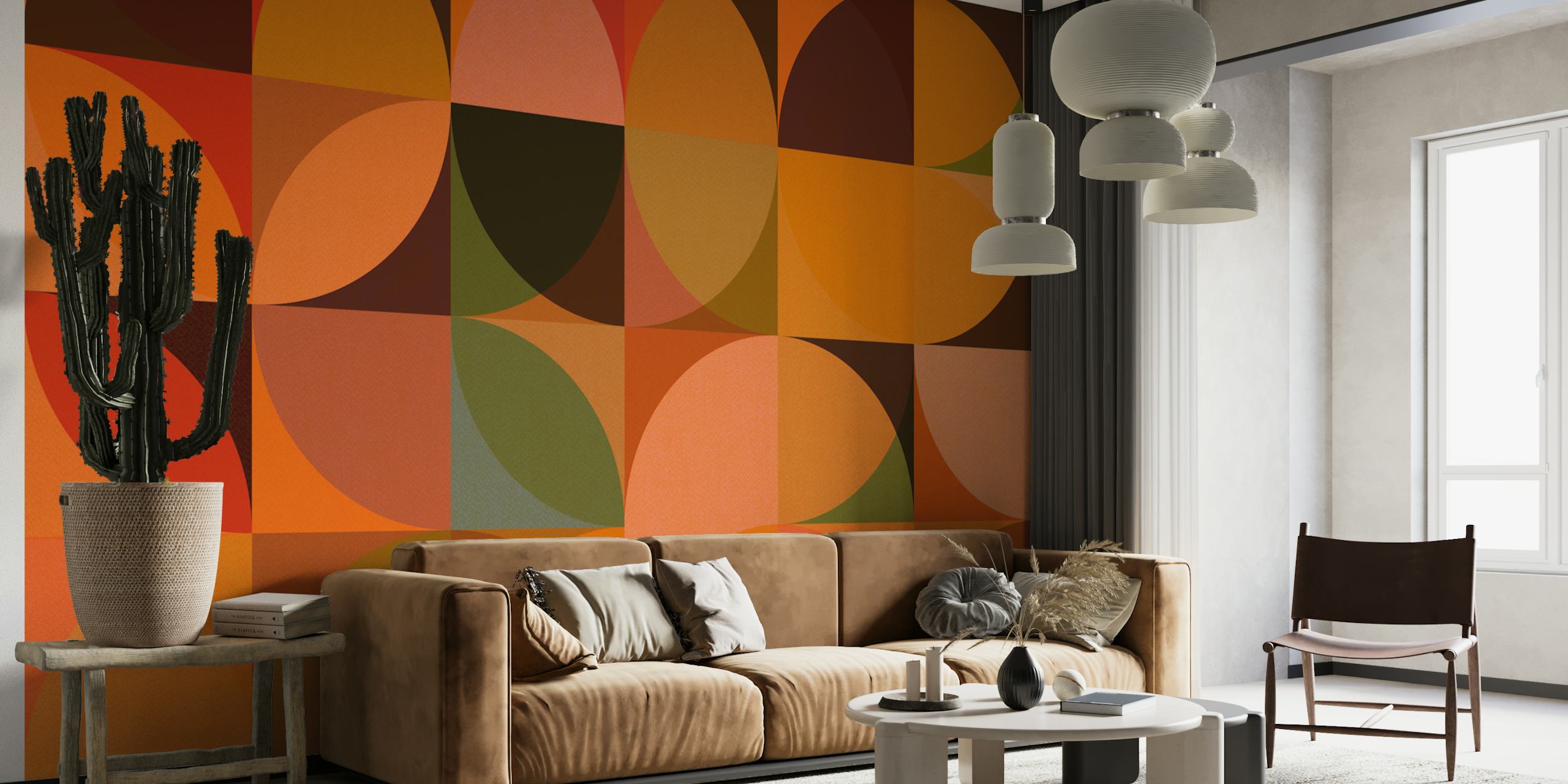 Geometric shapes in orange, brown, and green tones wallpaper