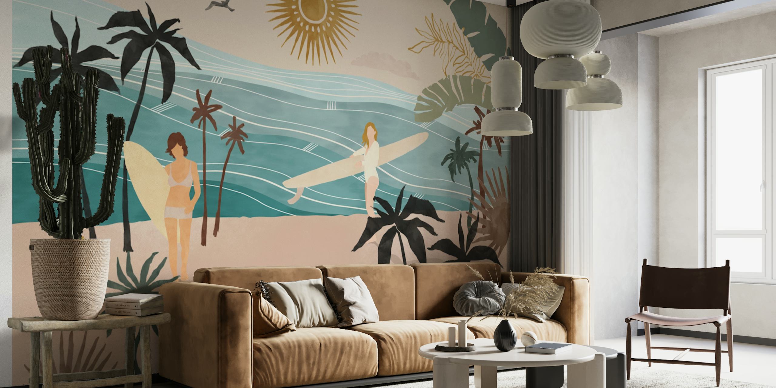 Illustrative wall mural of surfers by the sea amidst palm trees and a stylized sun.