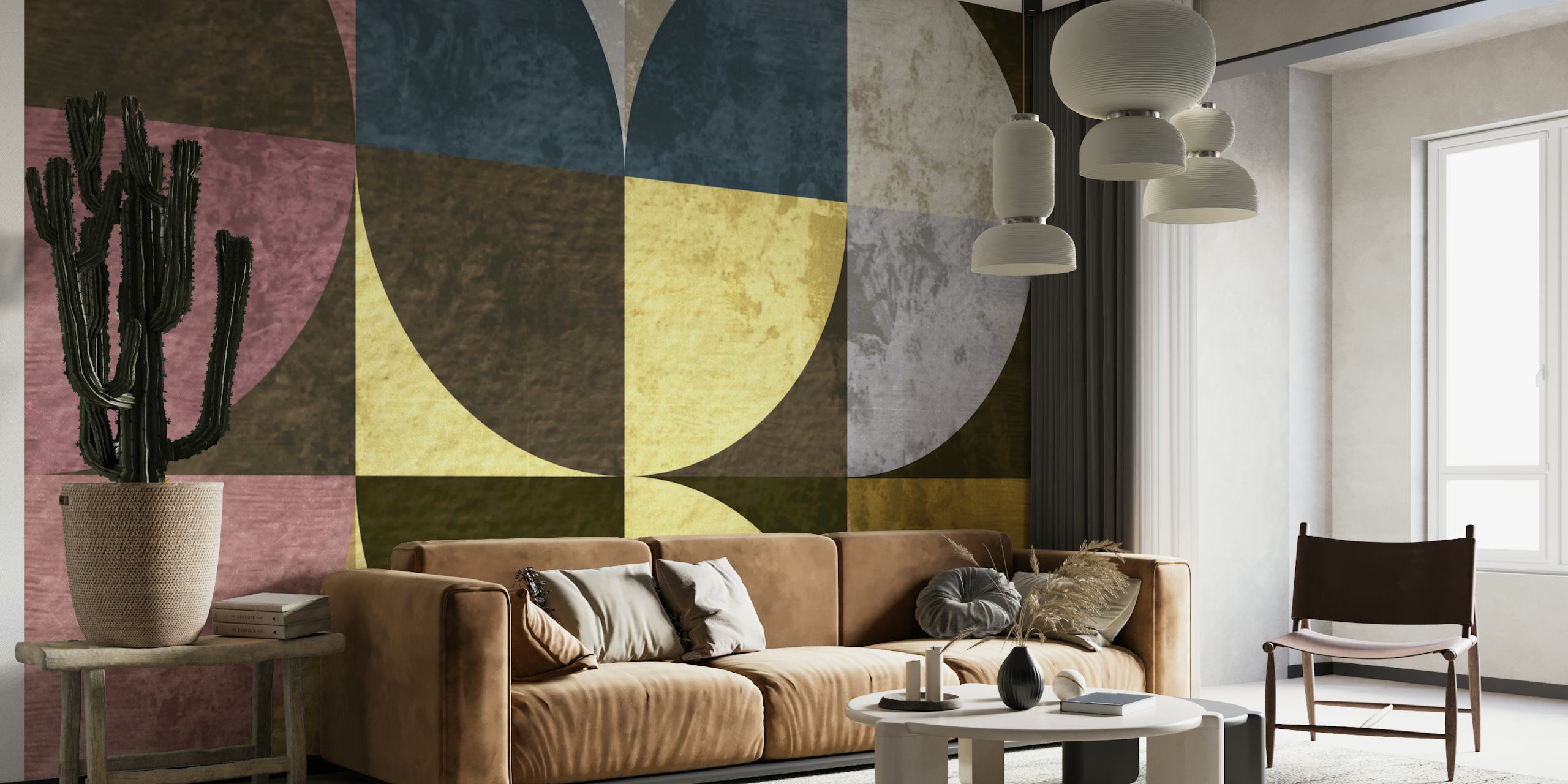Geometric shapes in pink, blue, yellow, and brown colors mid century wallpaper