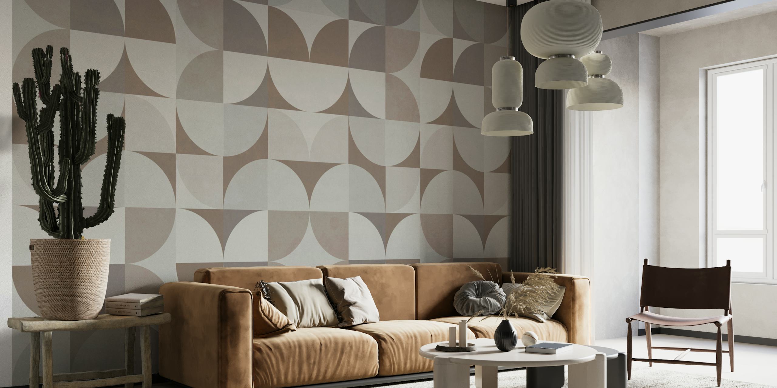Beige geometric pattern wallpaper with soft curves and shapes