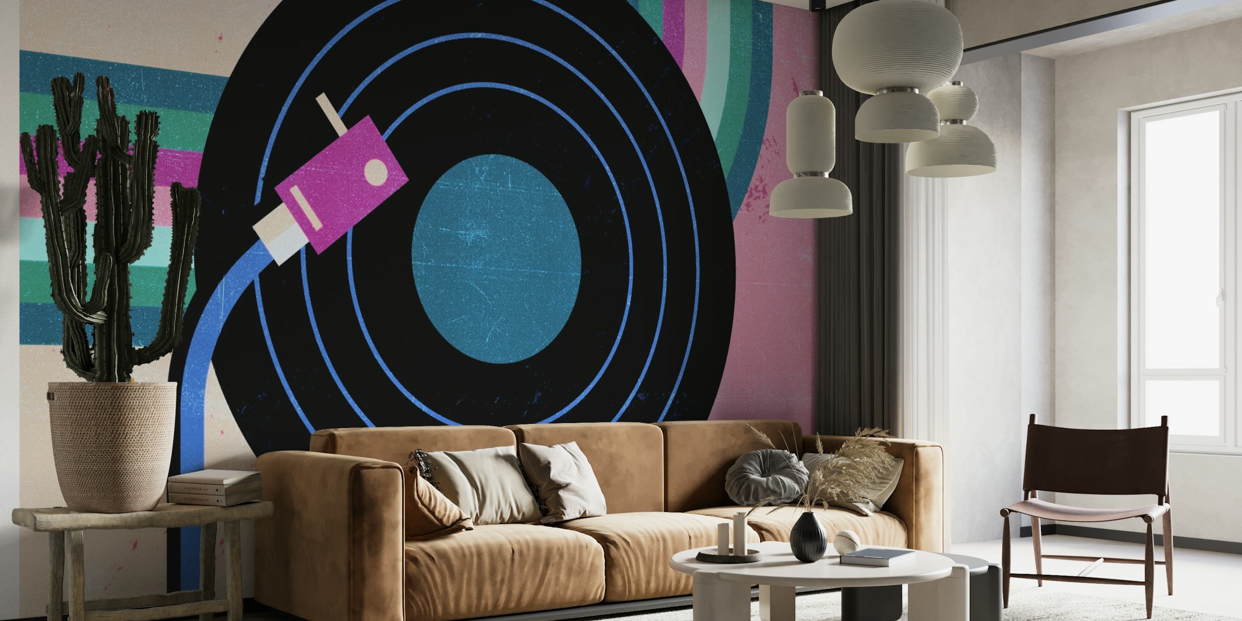 Retro vinyl record and turntable in pop art style wall mural