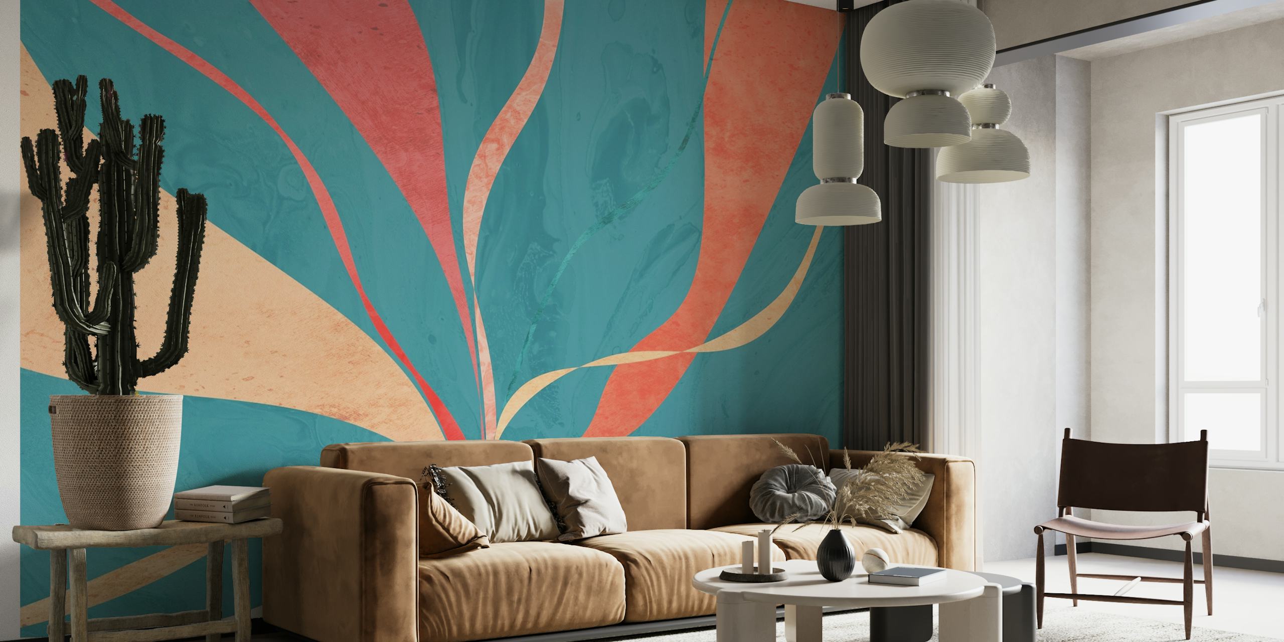 Abstract wall mural with flowing lines in shades of teal, coral, and beige