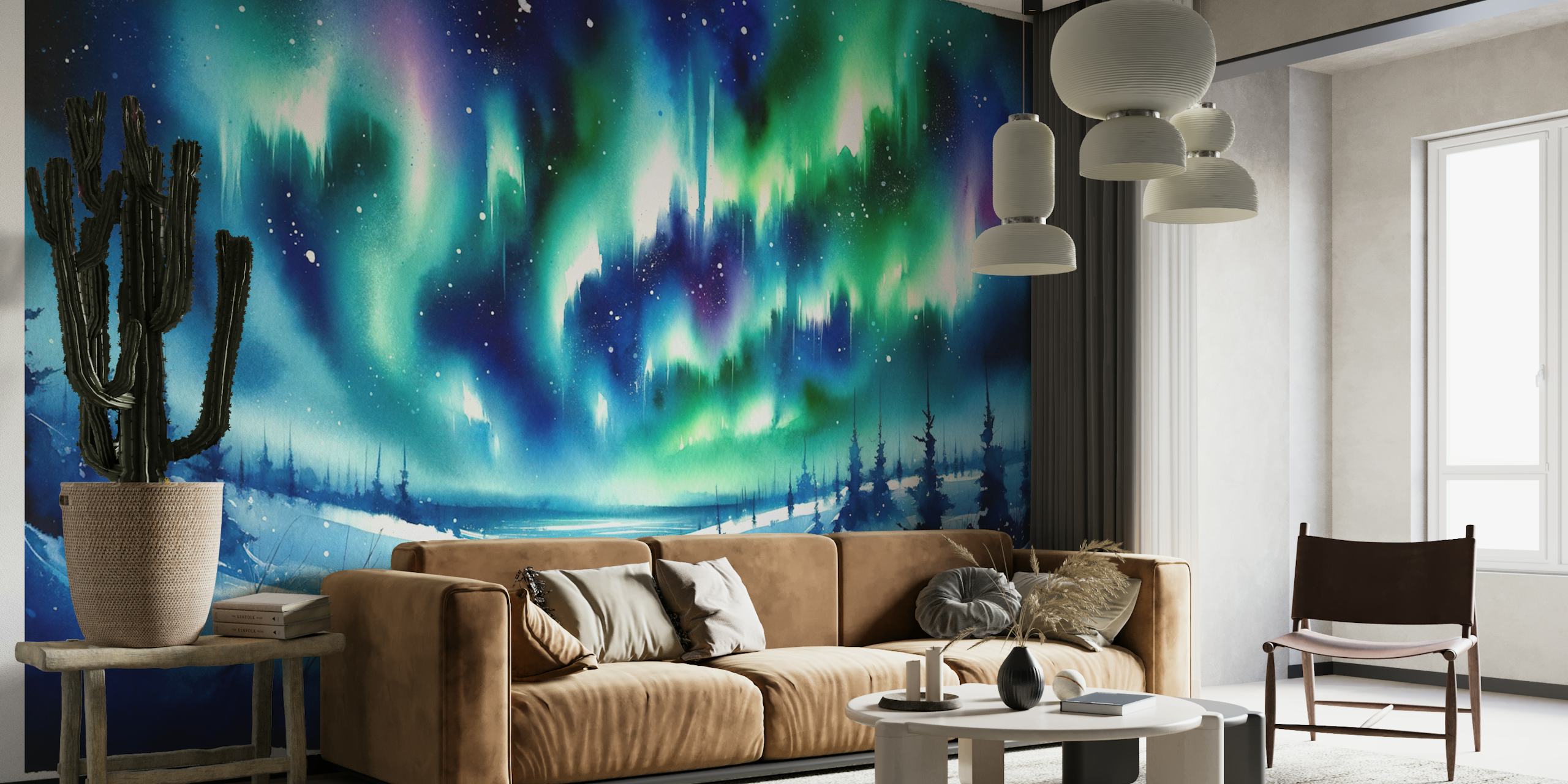 Renard arctique au milieu de la neige sous des aurores boréales vertes et bleues, style aquarelle wallpaper