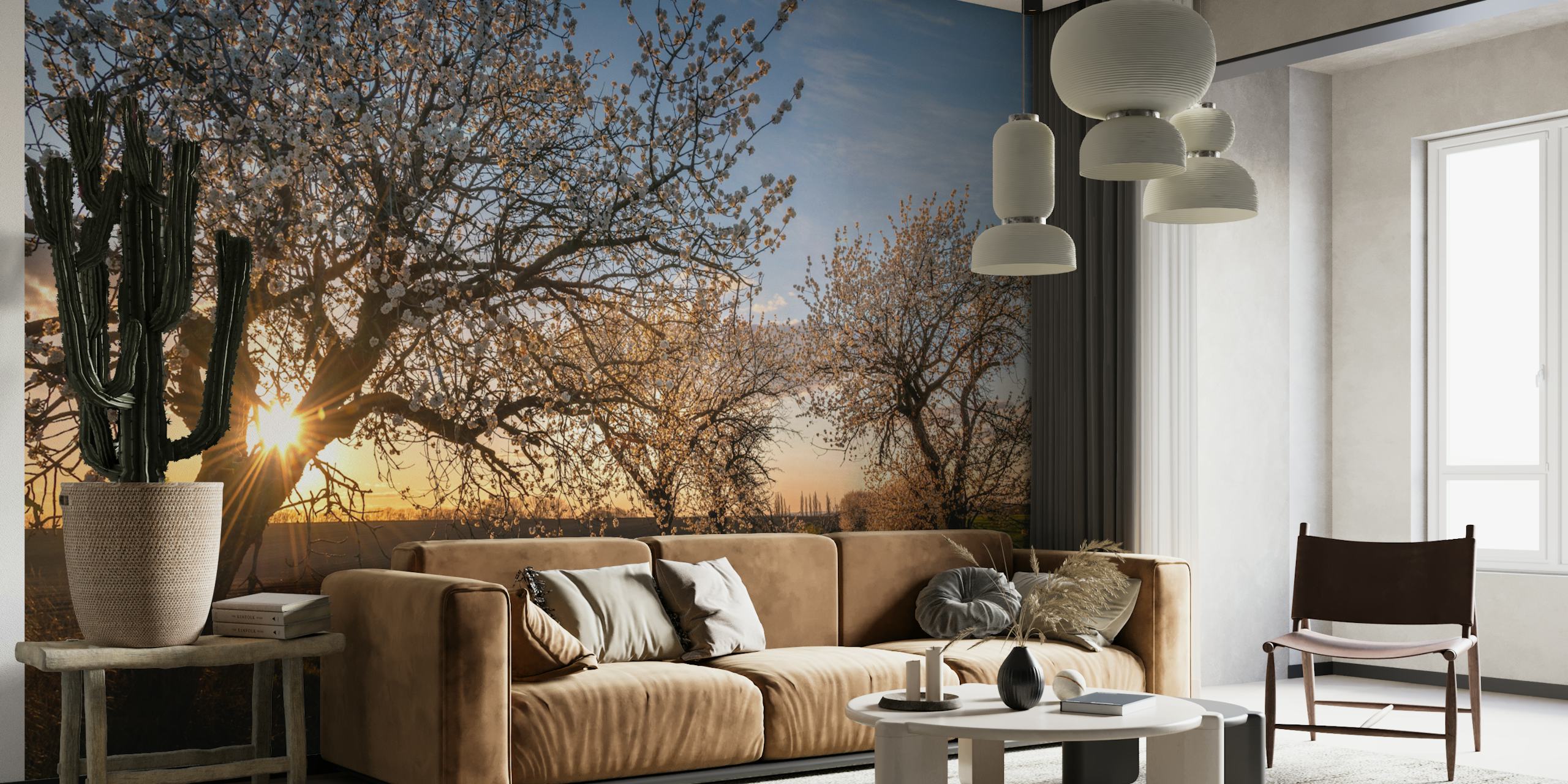 Cherry blossom wallpaper enhancing a room