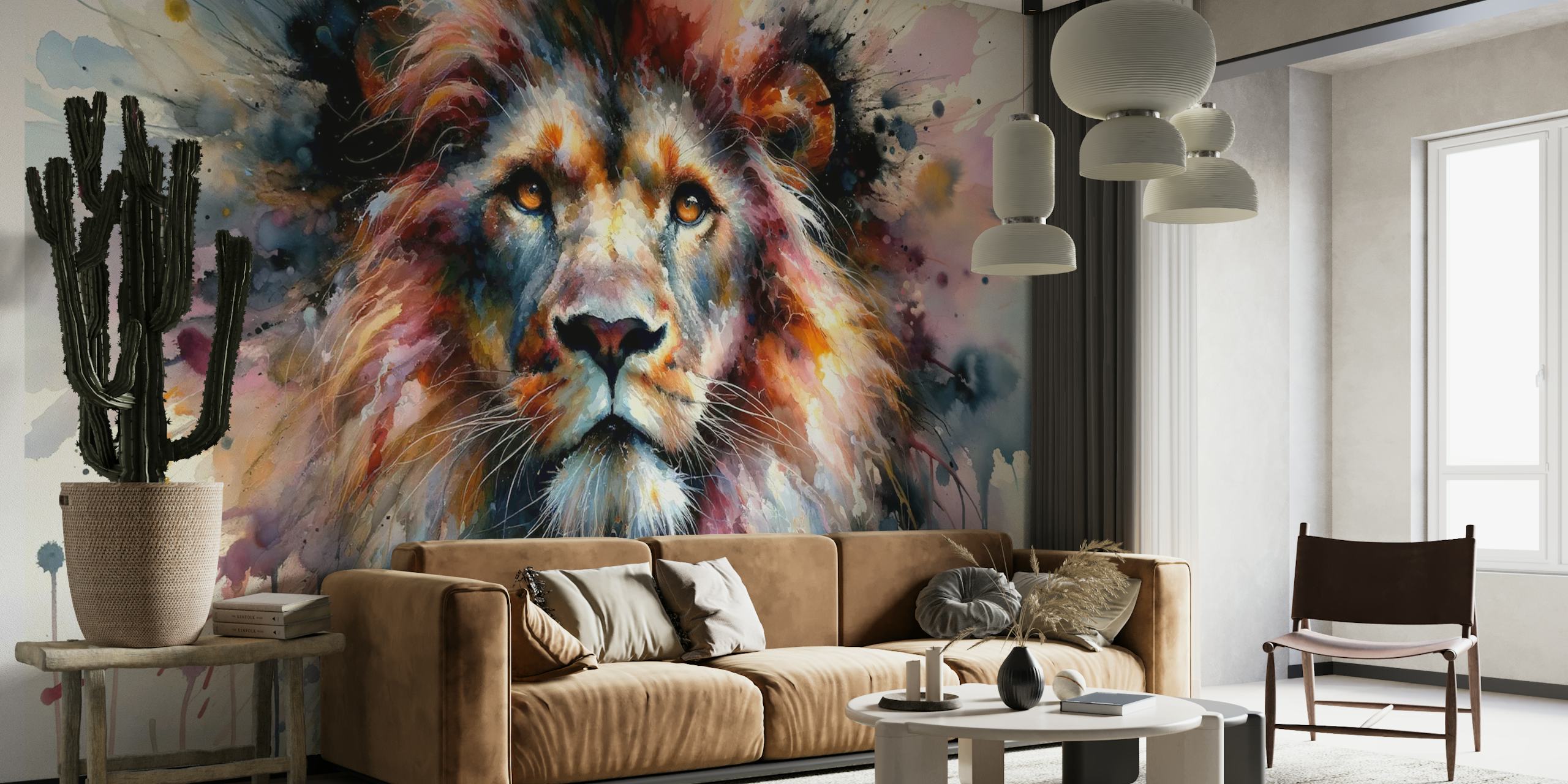 Akvarel løve vægmaleri i kunstnerisk stil