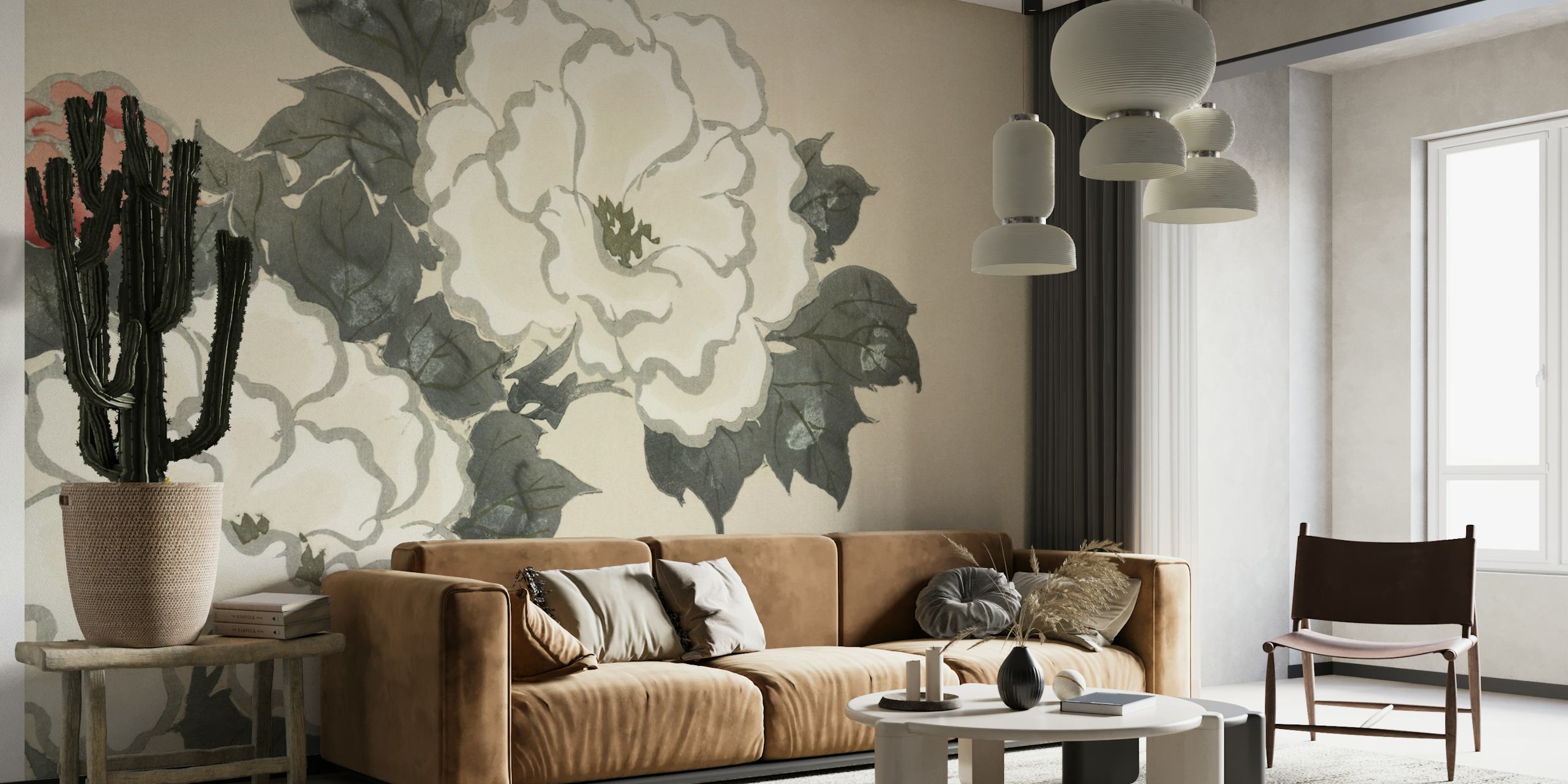 Elegant Momoyogusa Flowers wall mural with white blossoms and ink wash effect