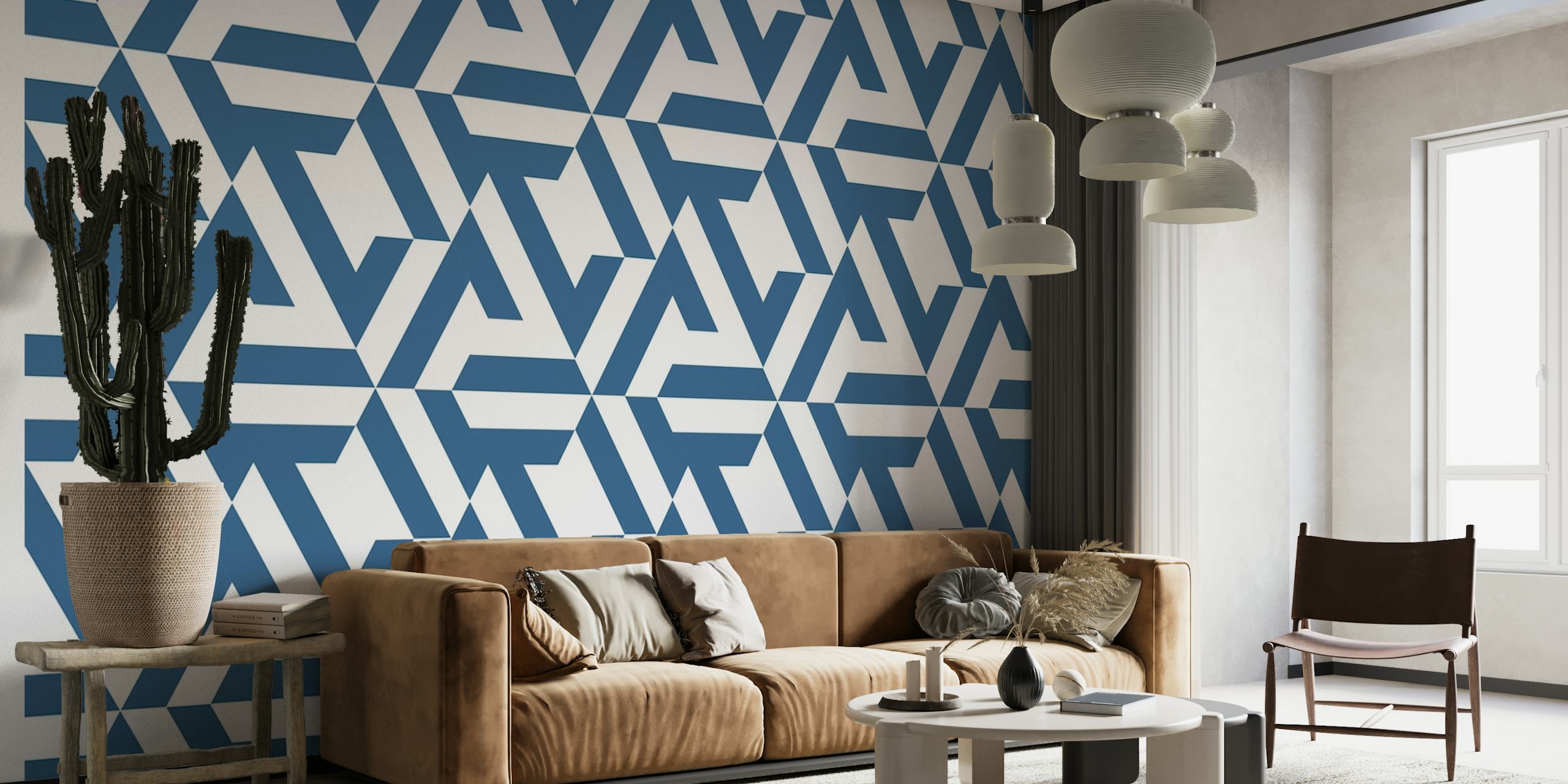 Marineblå og hvid vægmaleri med sekskantet flisemønster