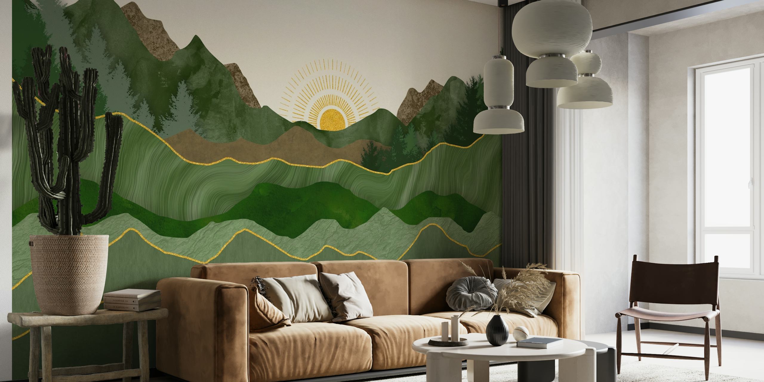 Emerald Hills Golden Sunset Landscape Collage papel pintado