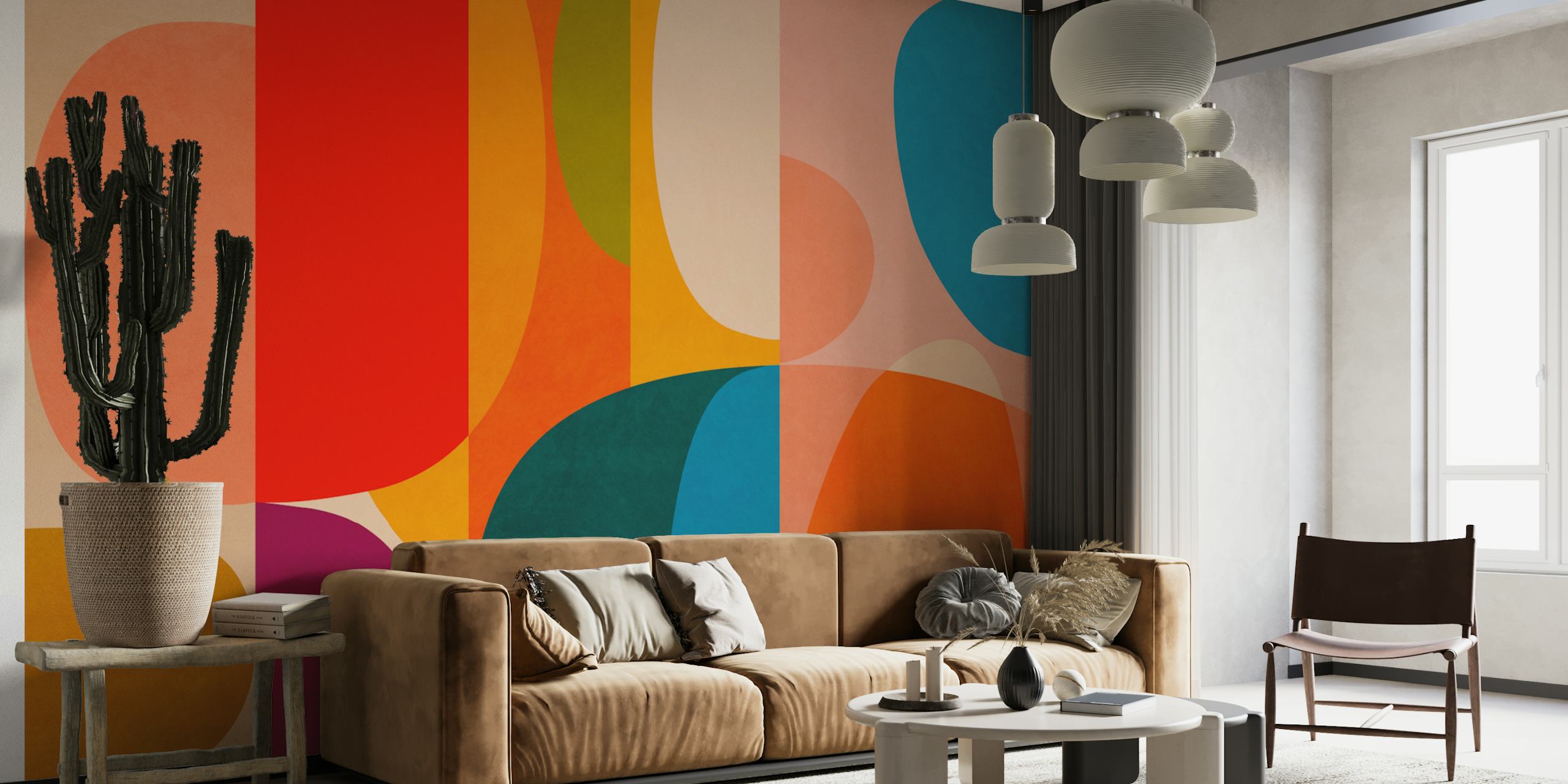 Colorful abstract shapes in red, teal, orange, and cream wallpaper