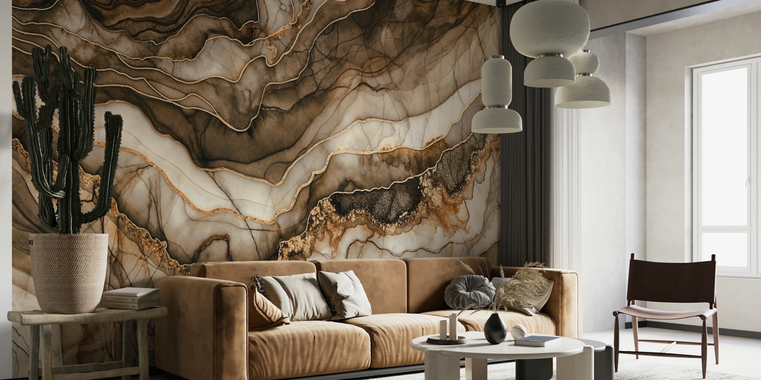 Magnifico murale in marmo De Luxe Brown con ricchi motivi vorticosi di marrone e beige