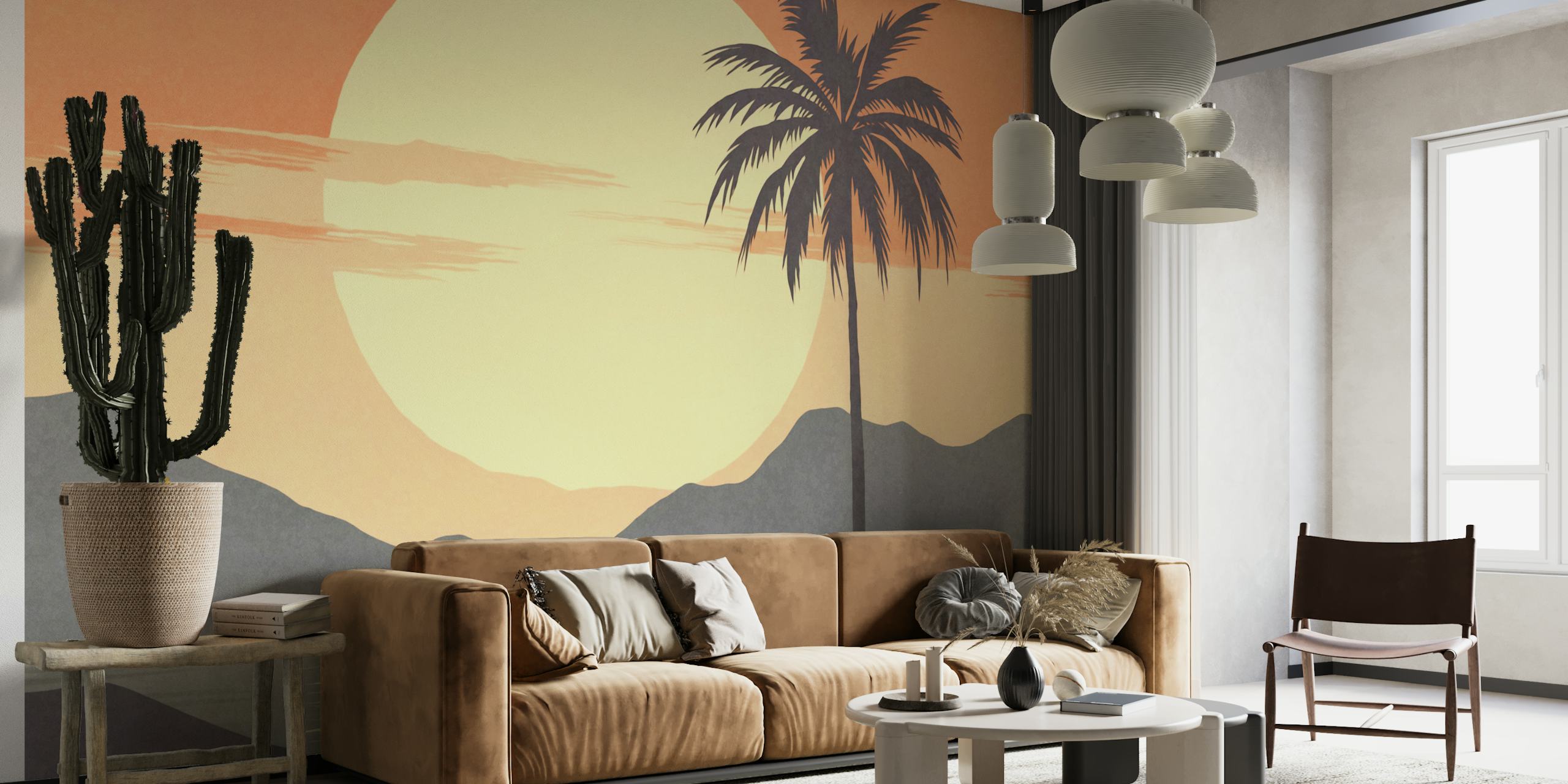 Hawaiian beach sunset wall mural with palm tree silhouette