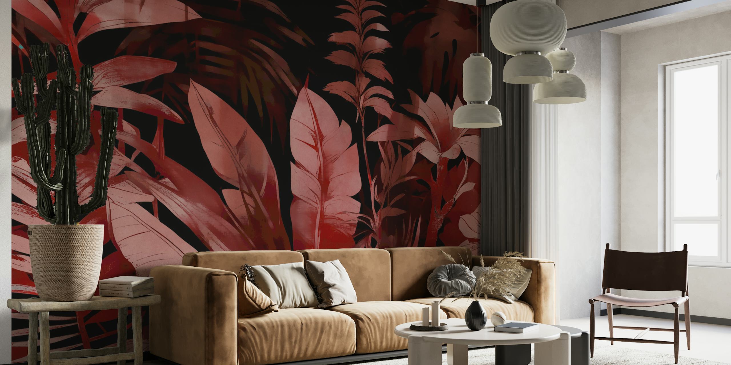 Moody botanical wall mural in deep red shades with lush foliage design