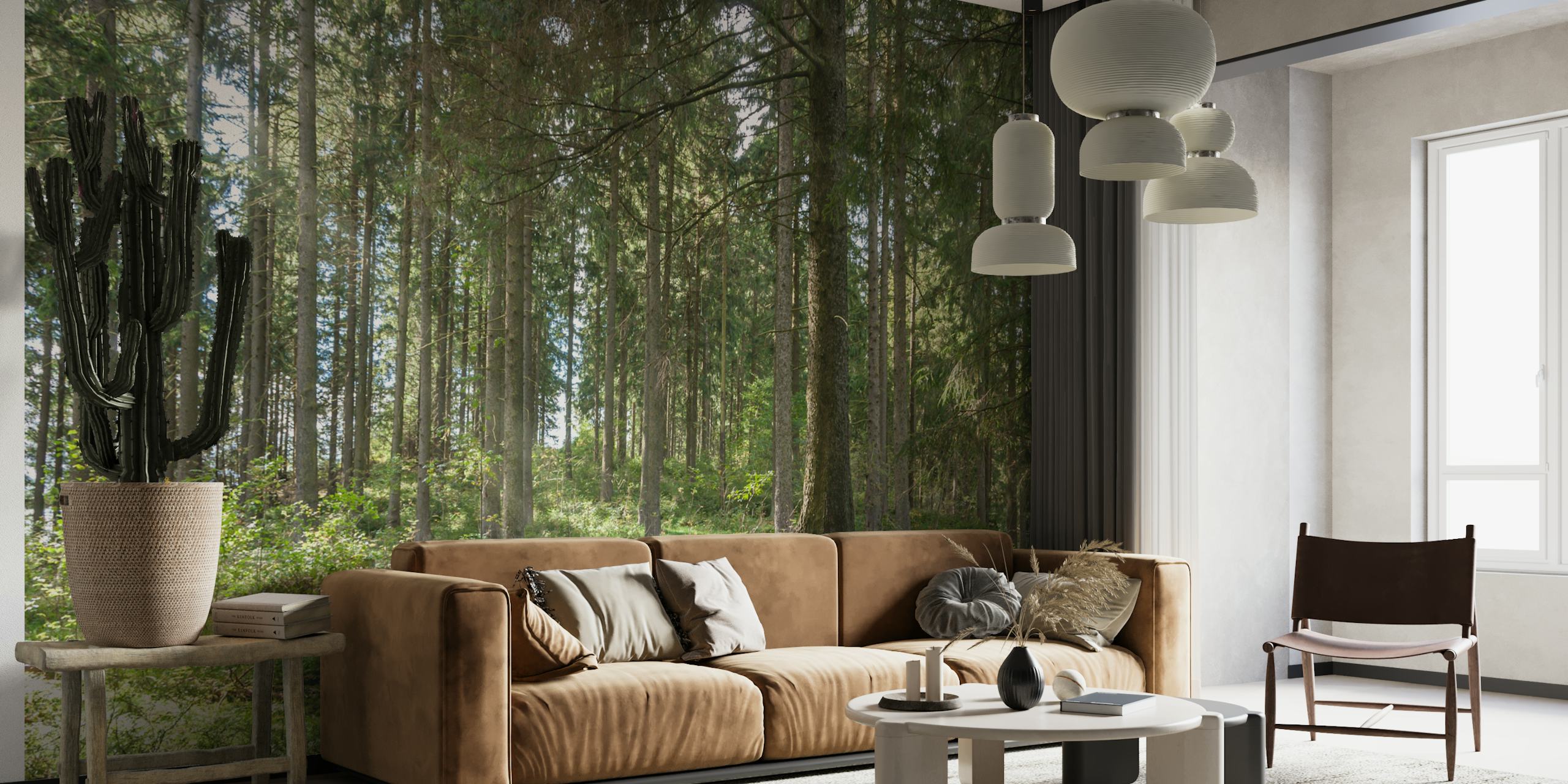Forest wallpaper in a bright room