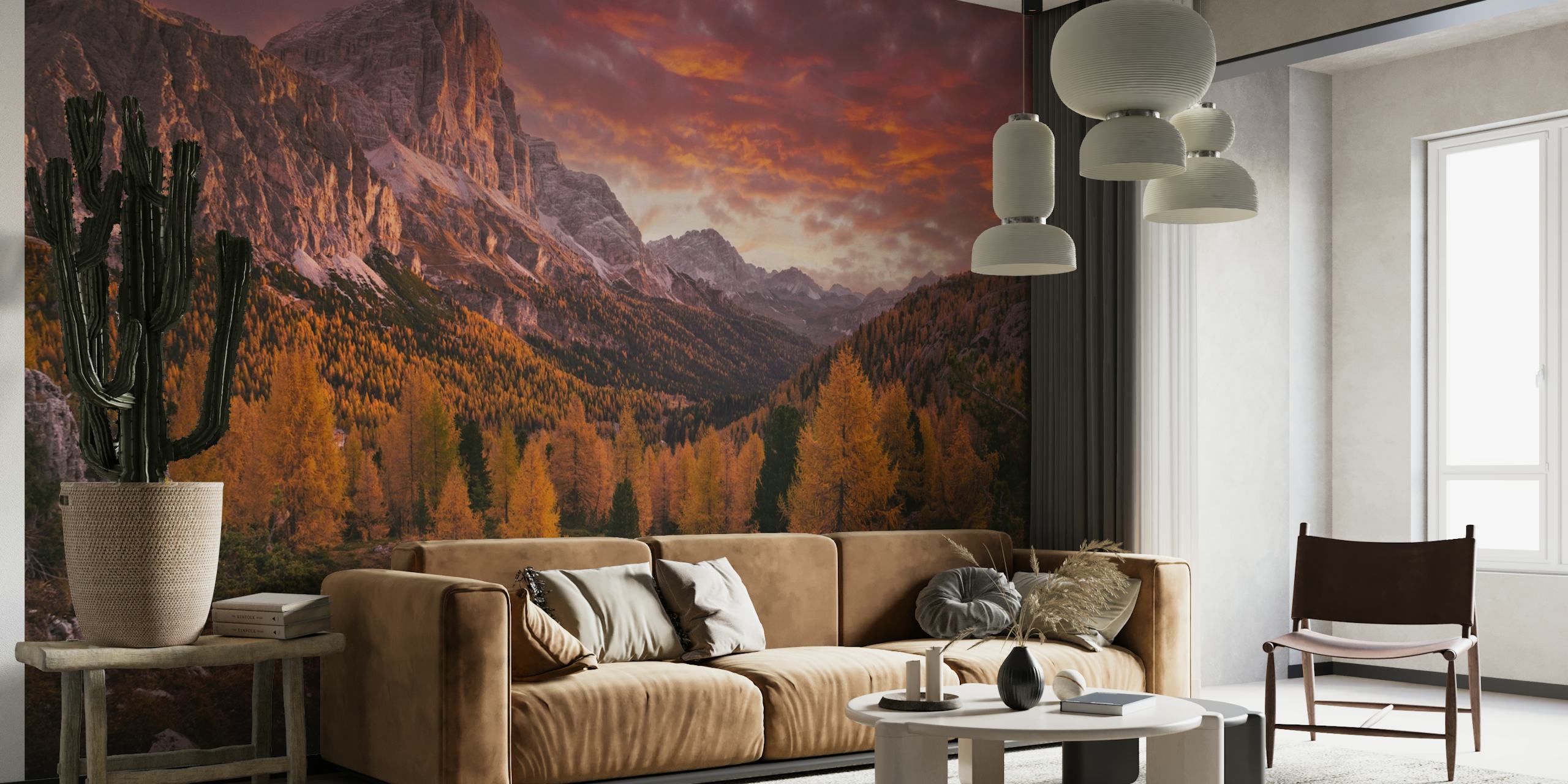 Mountain landscape wallpaper in autumn colors with golden trees and dramatic sky