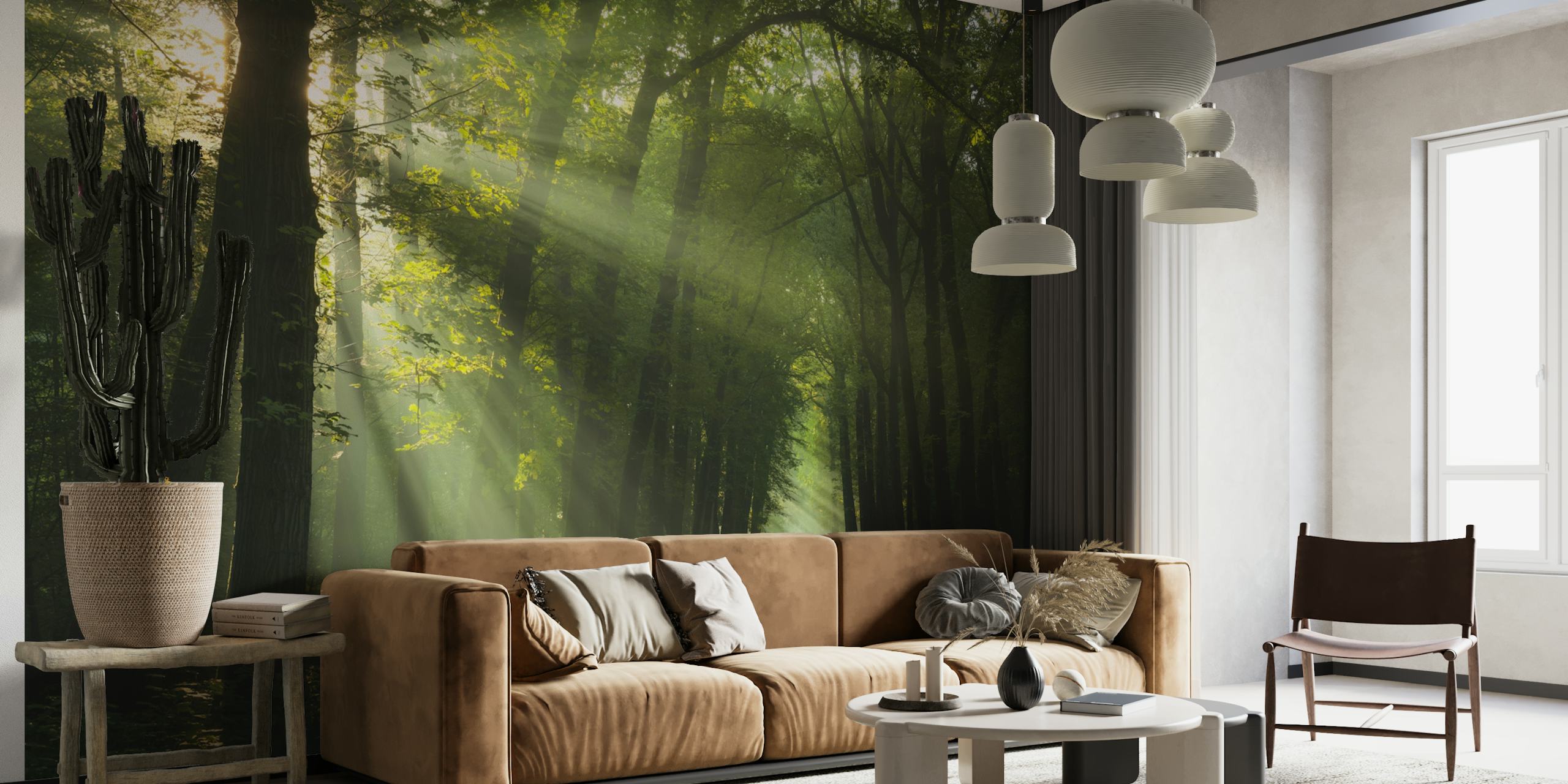 Sunrays filtering through a green forest wallpaper