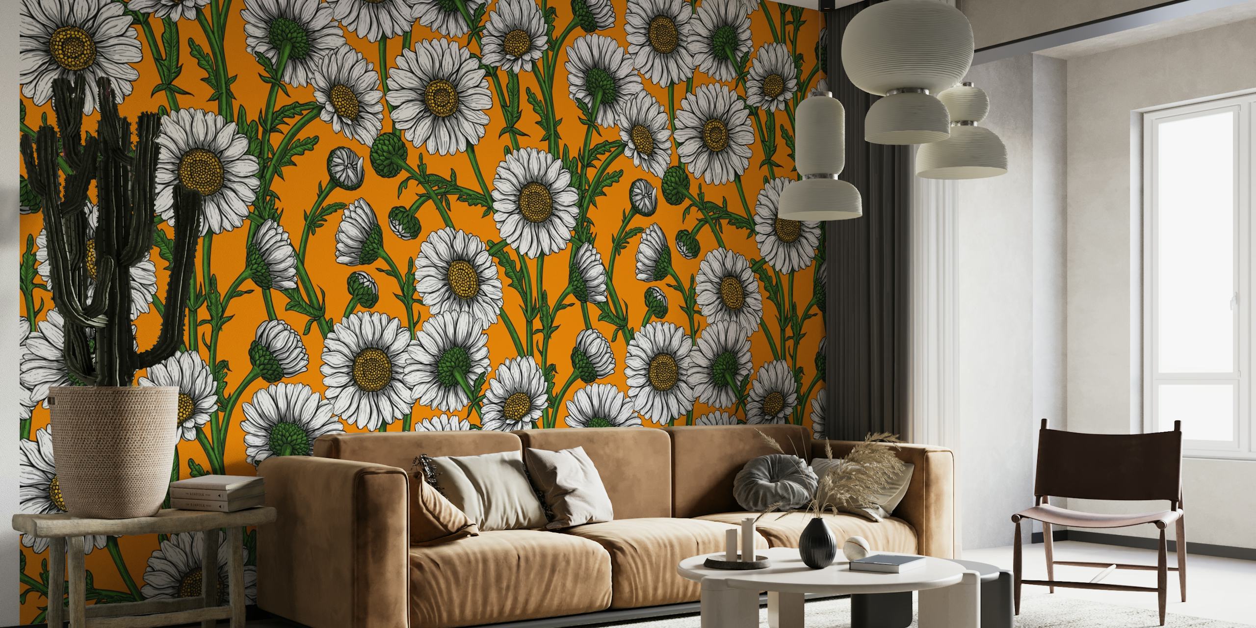 Wall mural with white daisies on a vivid orange background