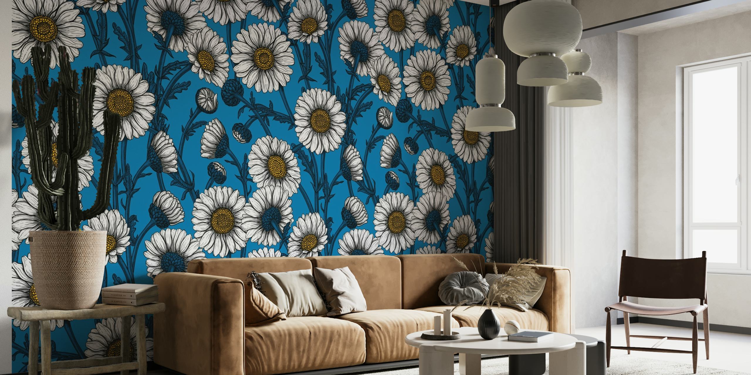 Daisies on blue behang