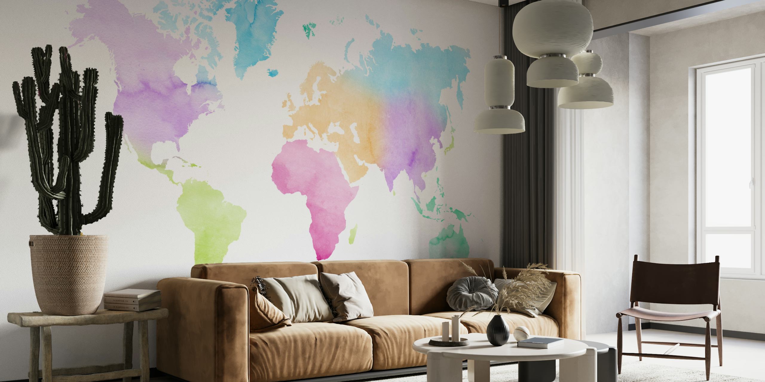 Representação colorida em aquarela de um mapa mundial para mural de parede