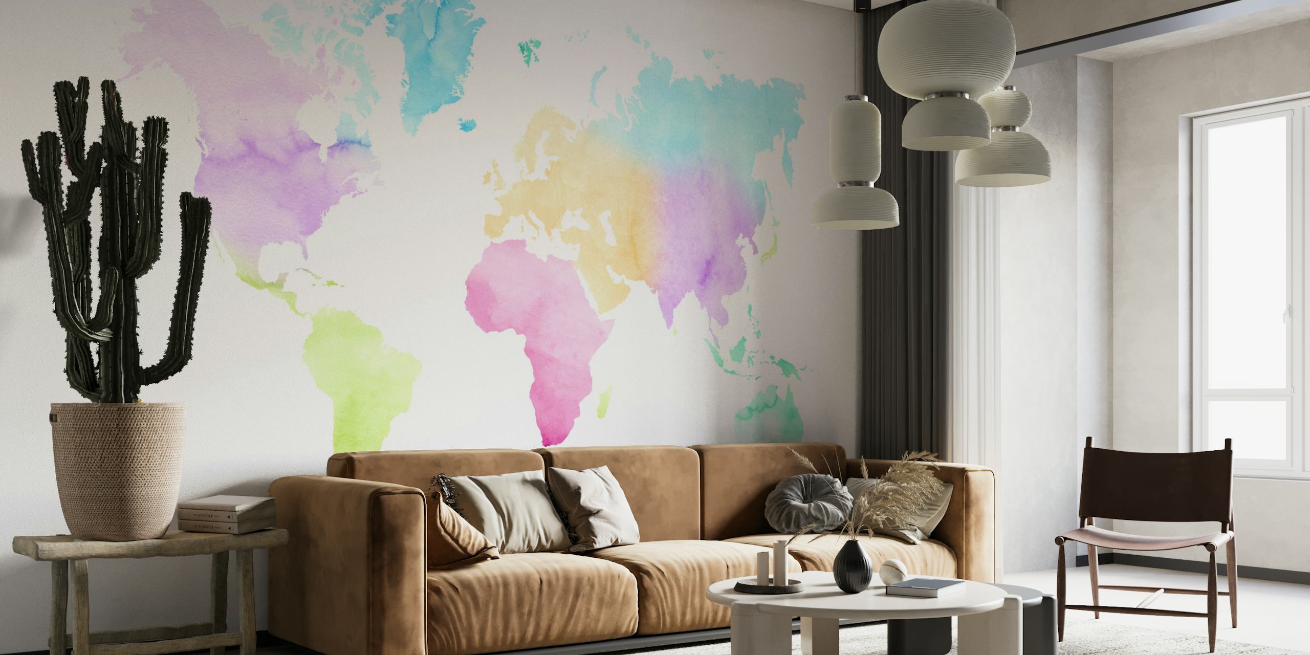 Färgglad akvarellskildring av en världskarta för väggmålning