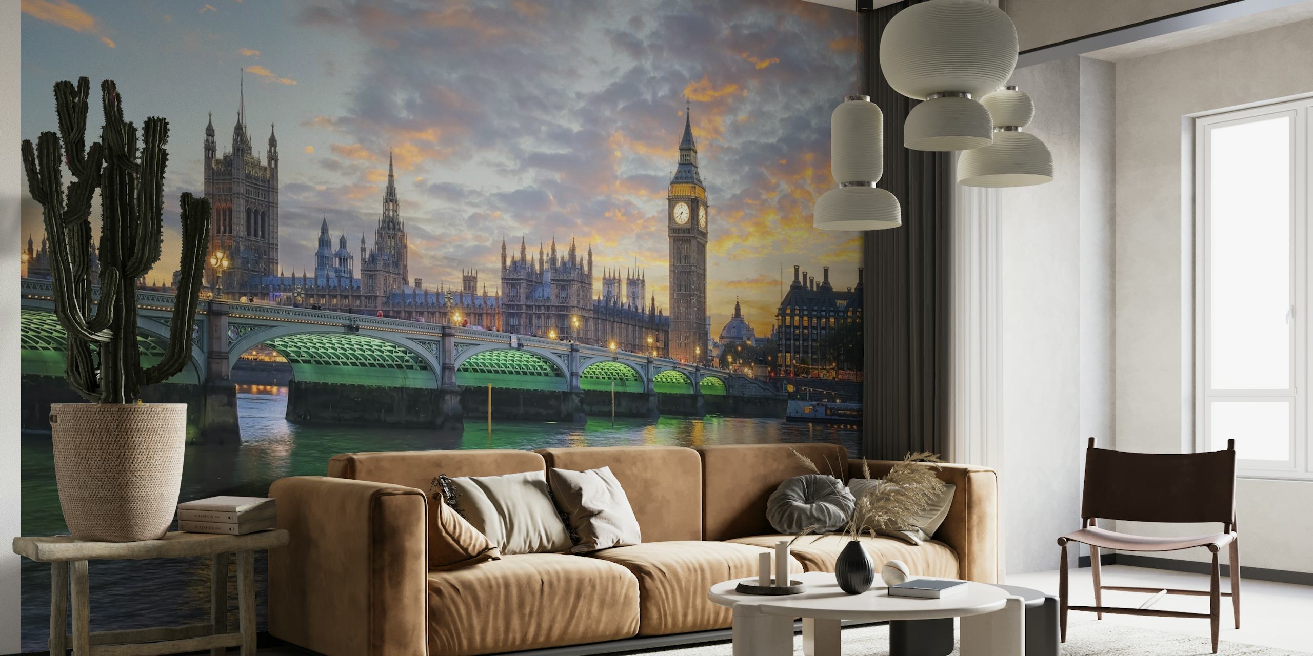 Palace of Westminster and Big Ben wall mural over the Thames at dusk