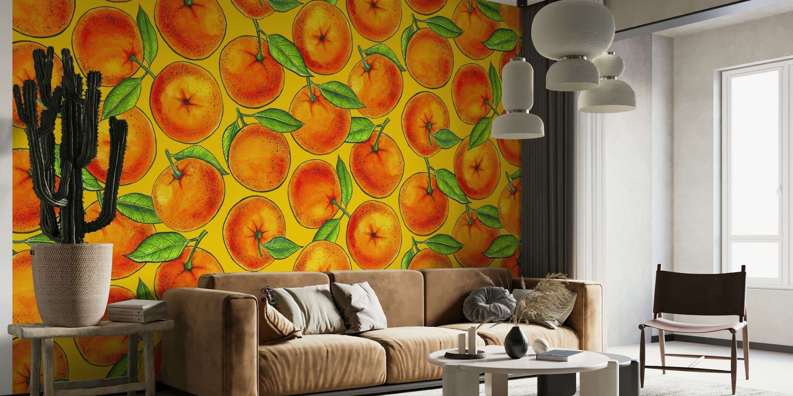 Oranges on yellow wallpaper