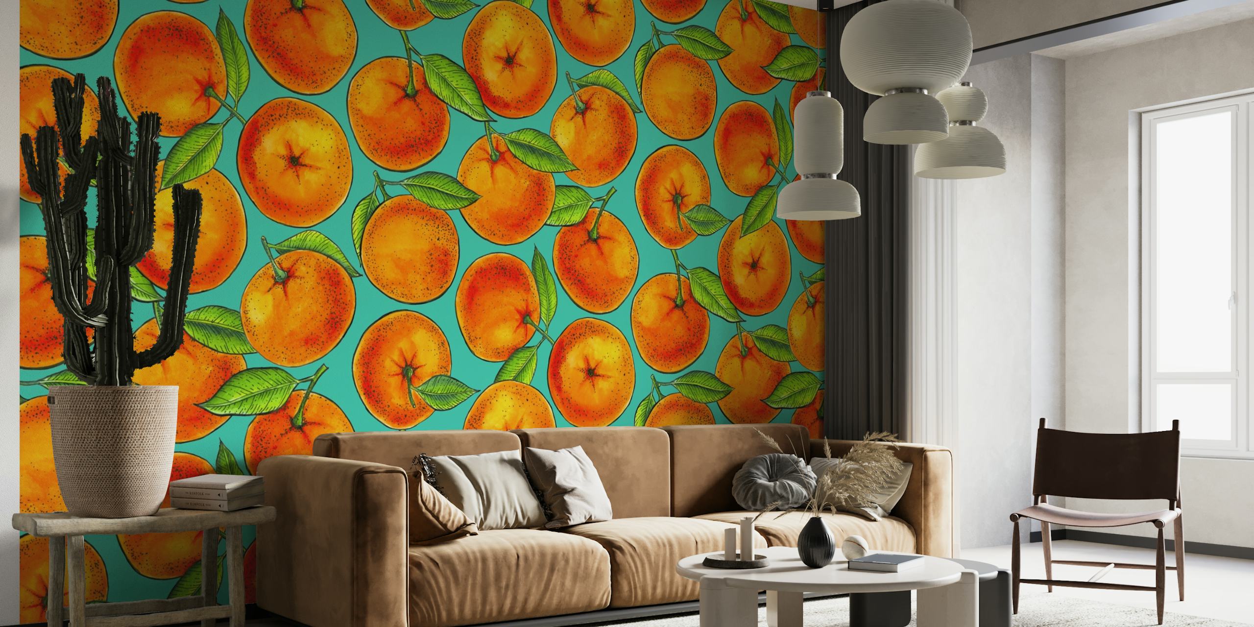 Oranges on turquoise wallpaper