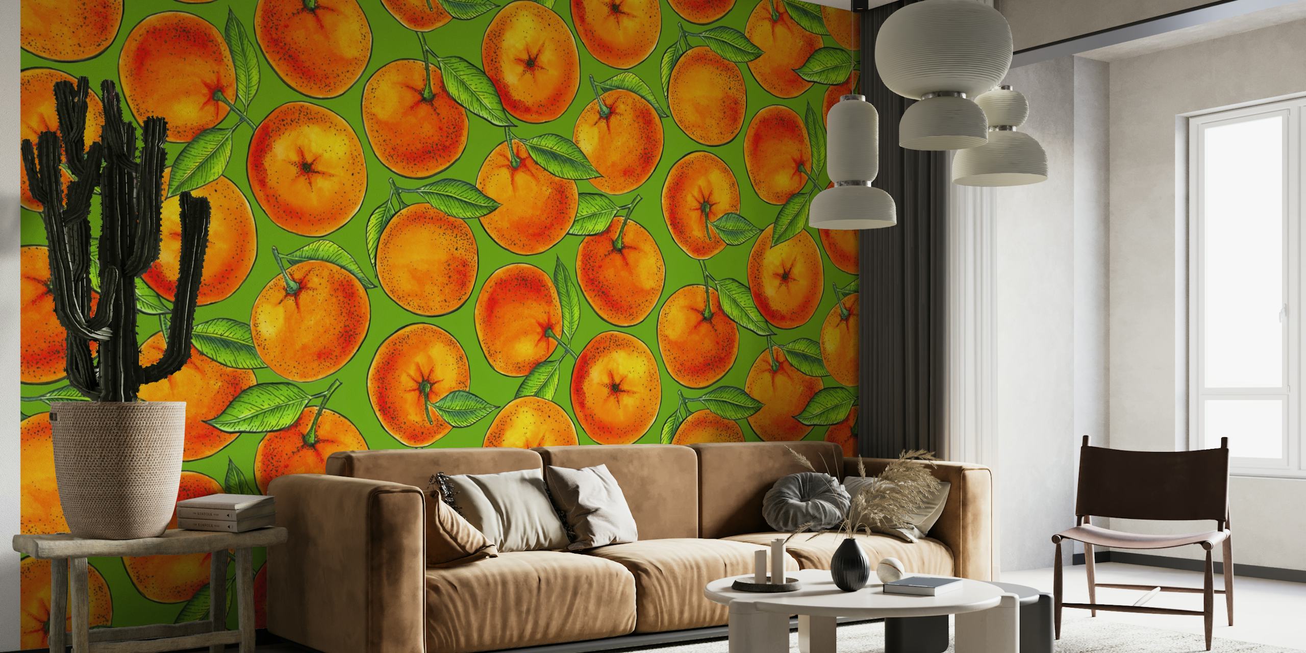 Oranges on green wallpaper