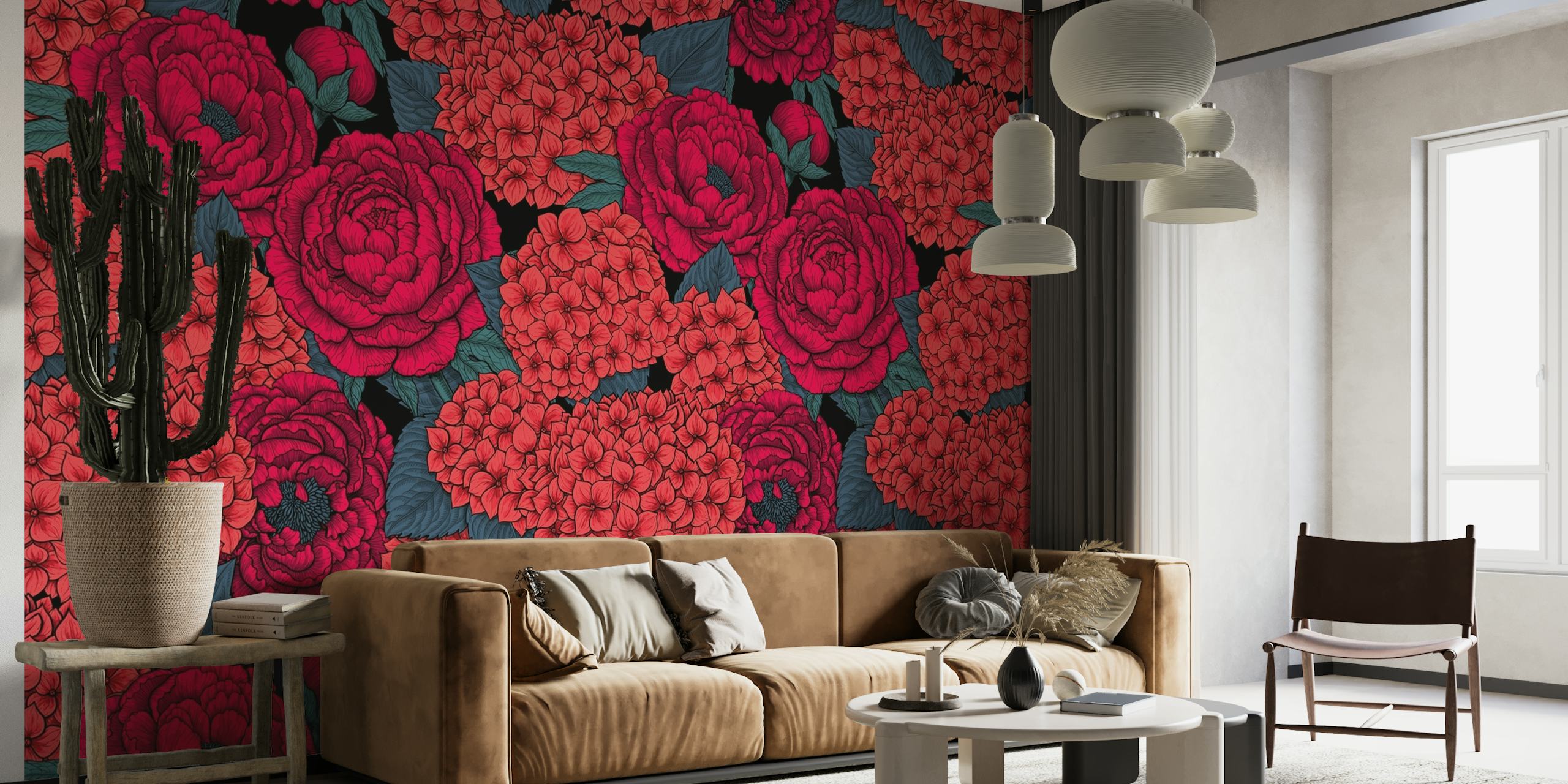 Levende pæon og hortensia vægmaleri i røde nuancer