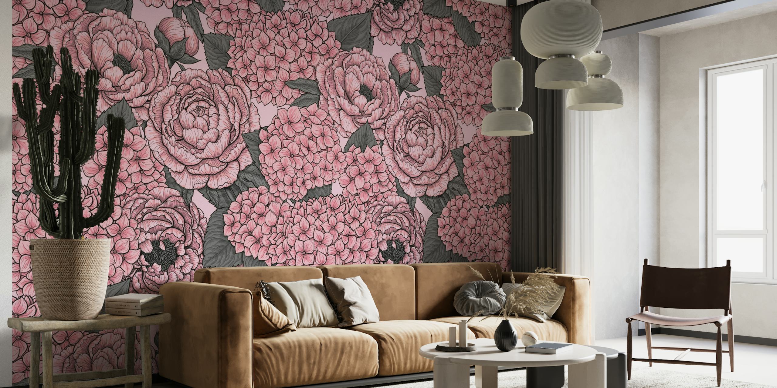 Roze pioenrozen en hortensia's fotobehang op een gestructureerde achtergrond