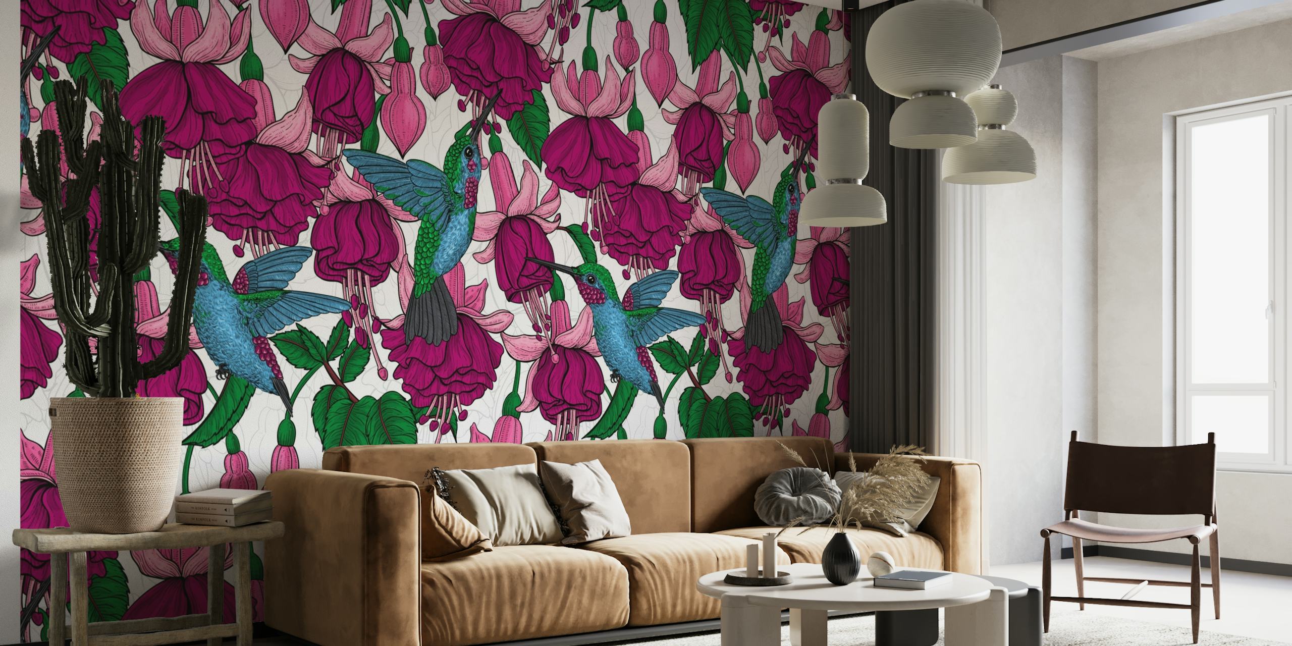 A wall mural with hummingbirds and pink fuchsia flowers creating an enchanting garden scene.