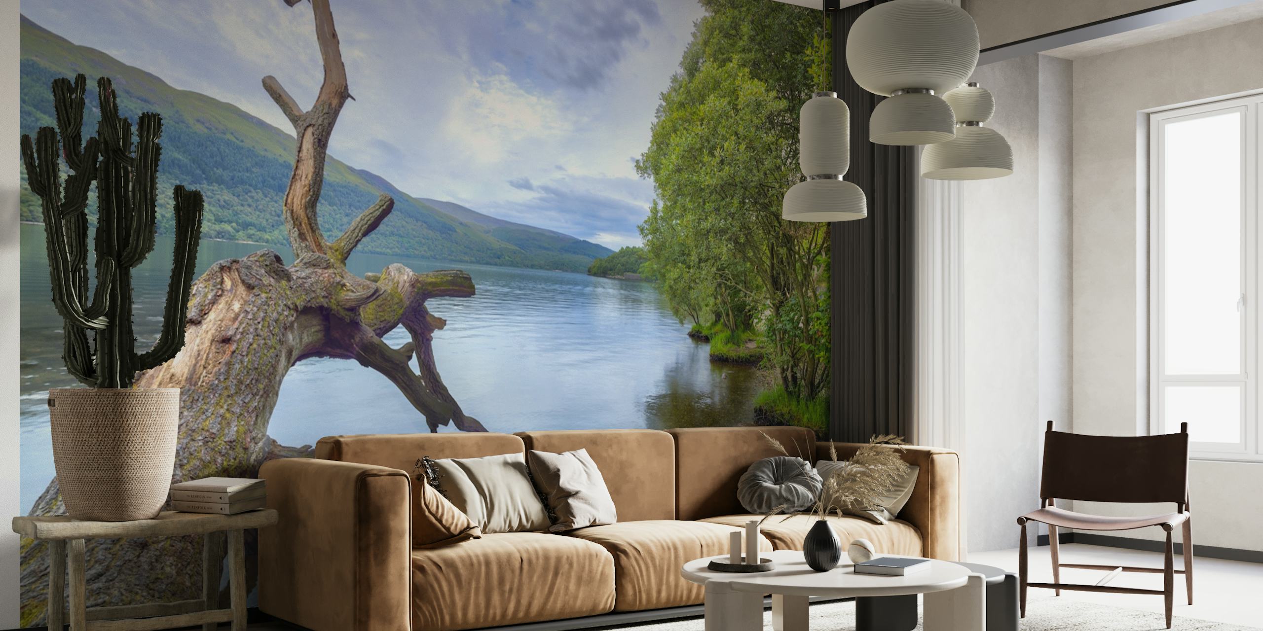 Serene loch with hills and tree wall mural