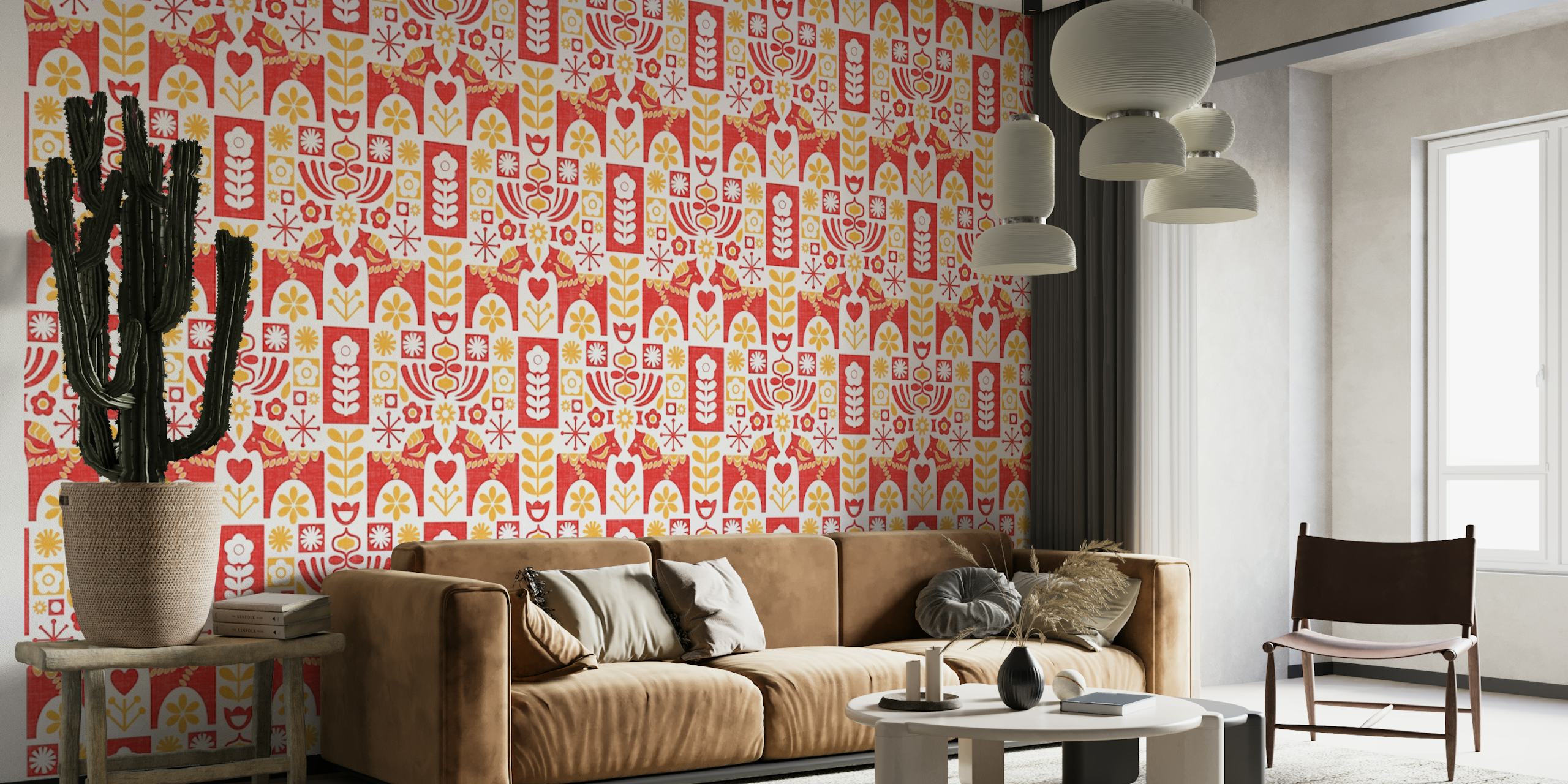 Decorazione murale con motivo di arte popolare svedese in stile moderno di metà secolo
