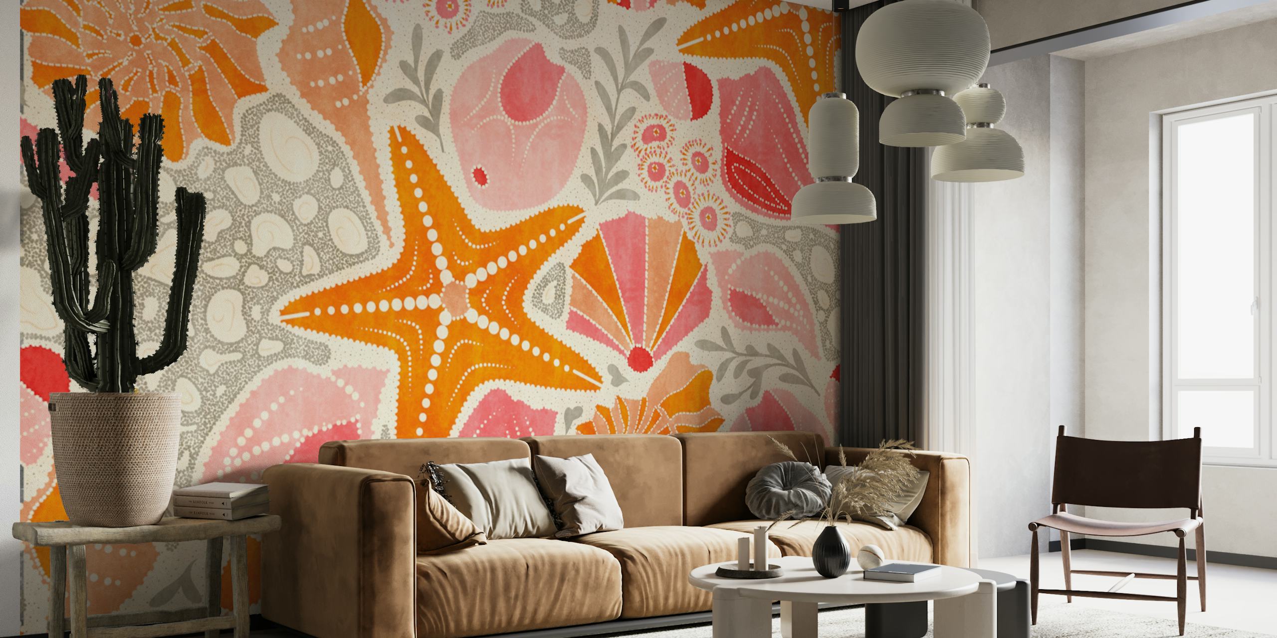 Carta da parati con motivi da spiaggia di ispirazione costiera con stelle marine e conchiglie in toni caldi