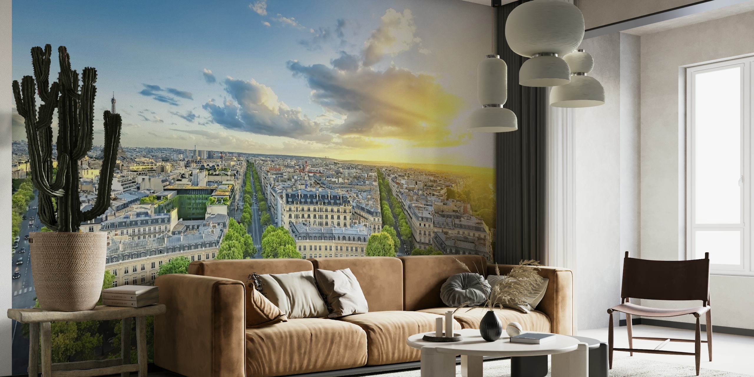 Mural de parede Noite em Paris com vista do pôr do sol da Torre Eiffel e do horizonte de Paris