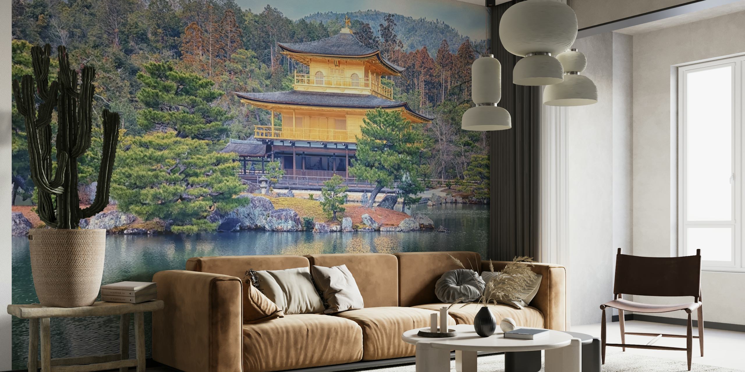 Japanese golden temple surrounded by trees and water wallpaper