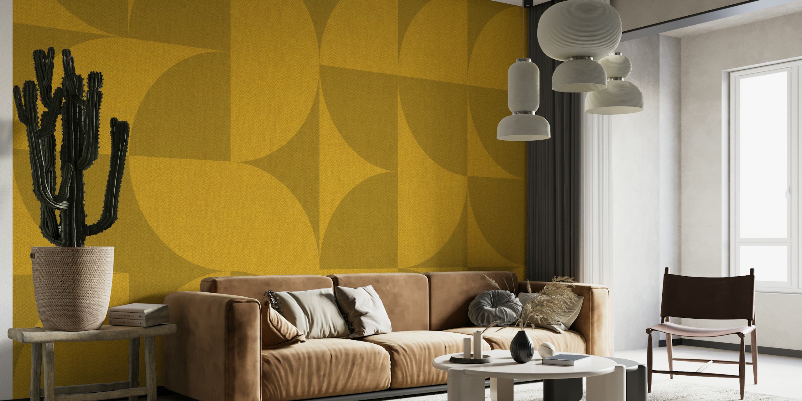 Mid-Century Muted Curry Geometry i ett stiligt rum