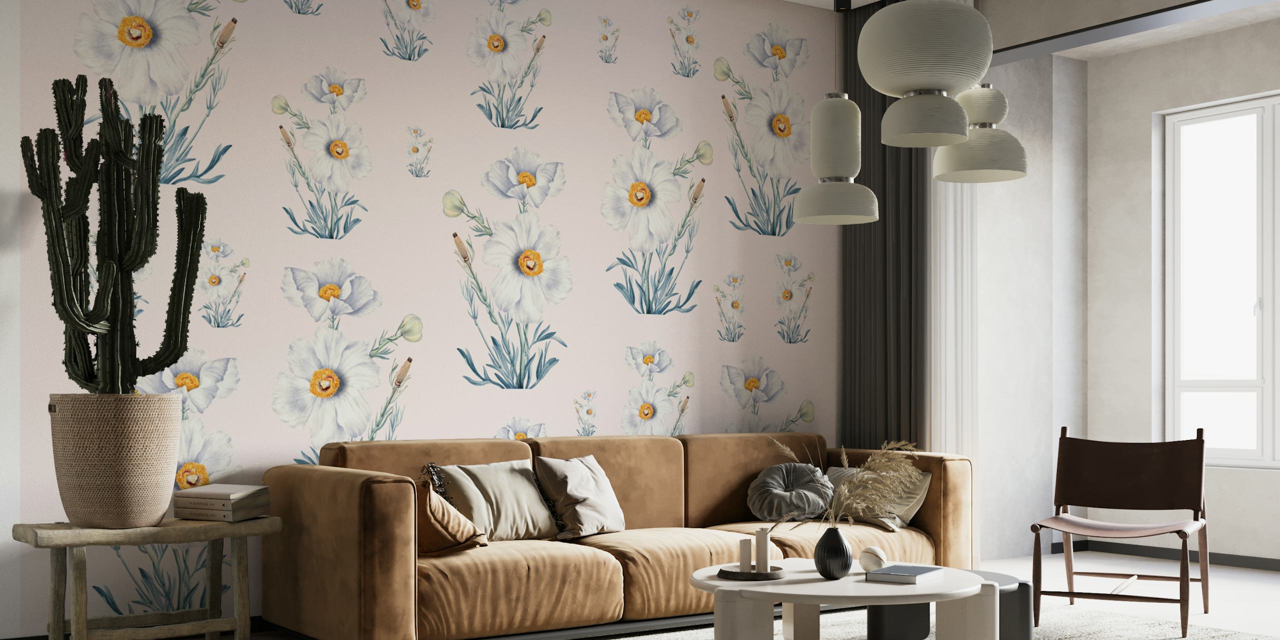 White Matilija Poppies floral wallpaper with green leaves.