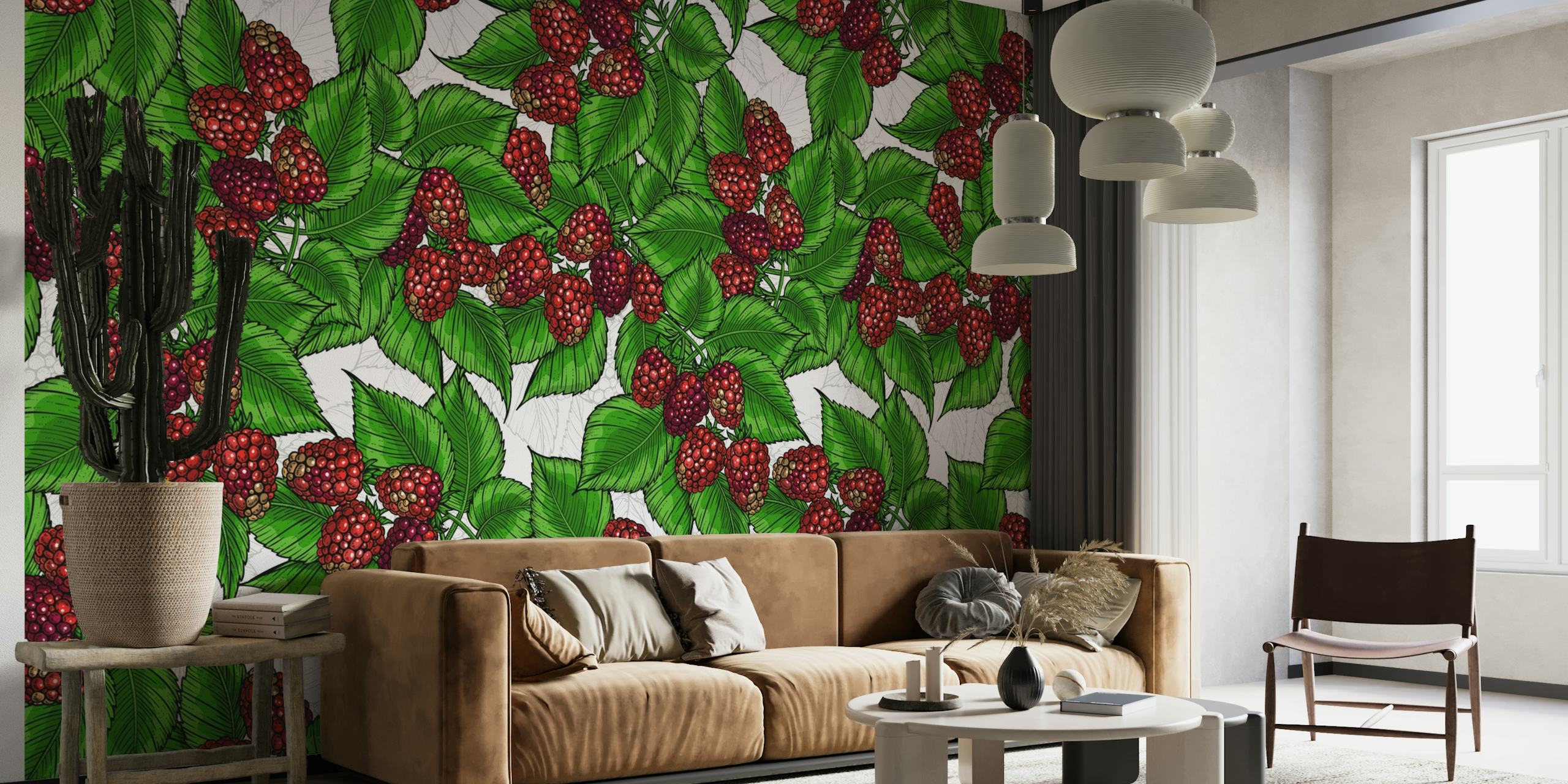Juicy raspberries entwined with green leaves wall mural