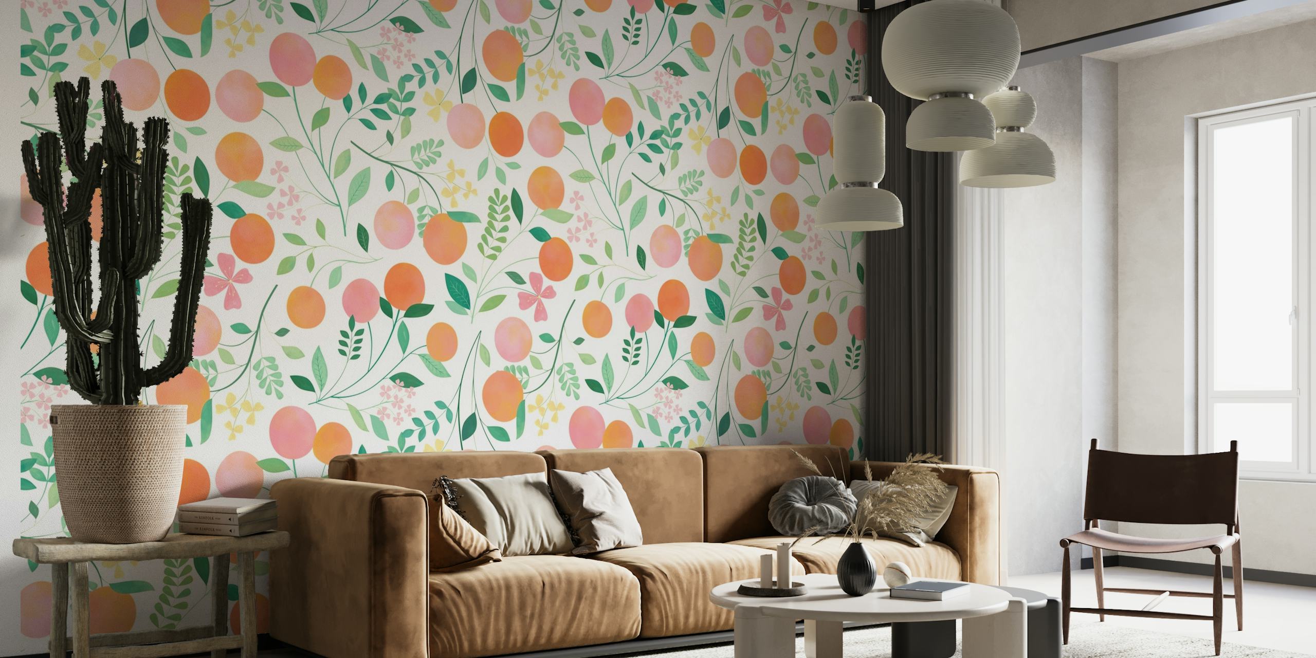 Stiliseret fersken og blade vægmaleri på en vanilje baggrund